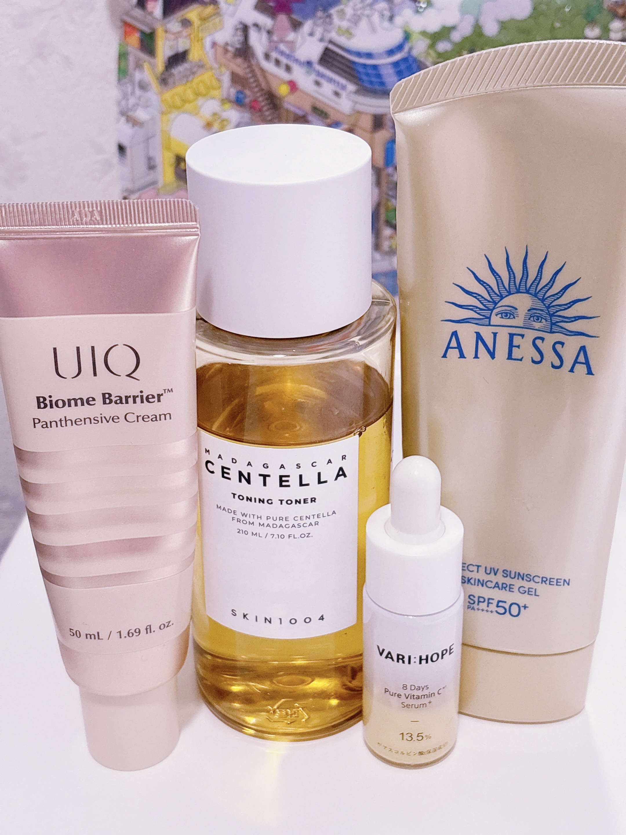 モーニングスキンケア☀️

朝はビタミン🍋
日焼け止め必須

SKIN1004
センテラ トーニングトナー
VARI:HOPE
８デイズピュアビタミンCアンプル
UIQ
バイオームバリアパンテンシブクリーム
アネッサ　
パーフェクトUV　