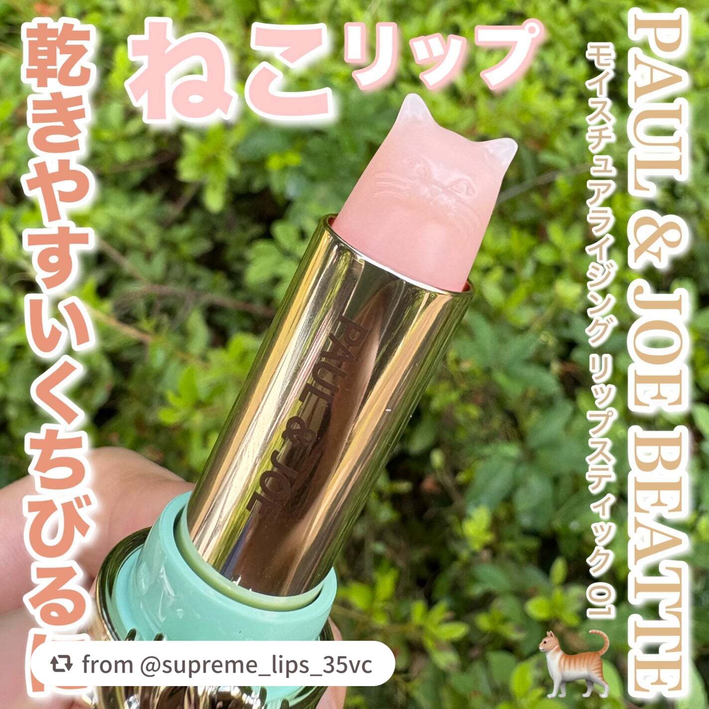【supreme_lips_35vcさんから引用】

“PAUL & JOE BEAUTE
モイスチュアライジング リップスティック

乾きやすい唇に
じゅわっととろけるねこリップ

保湿成分たっぷり
膜を作って水分を閉じ込めてくれる🫧
