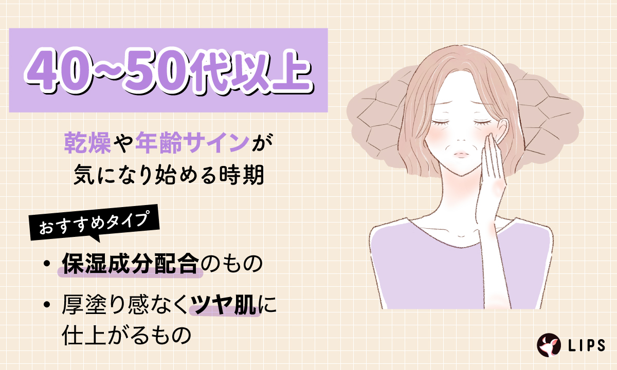 40～50代以上は乾燥や年齢サインが気になり始める時期。おすすめタイプは保湿成分配合のものや厚塗り感なくツヤ肌に仕上がるもの。