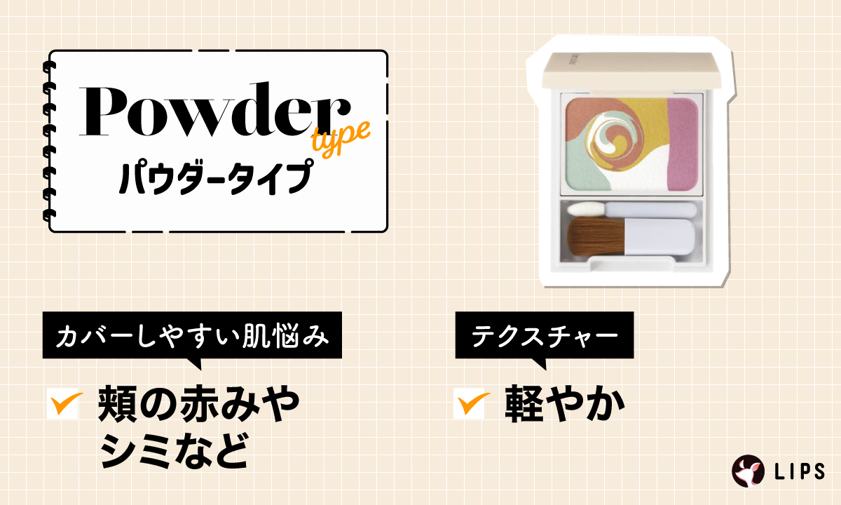 パウダータイプでカバーしやすい肌悩みは、頬の赤みやシミなど。テクスチャーは軽やか。