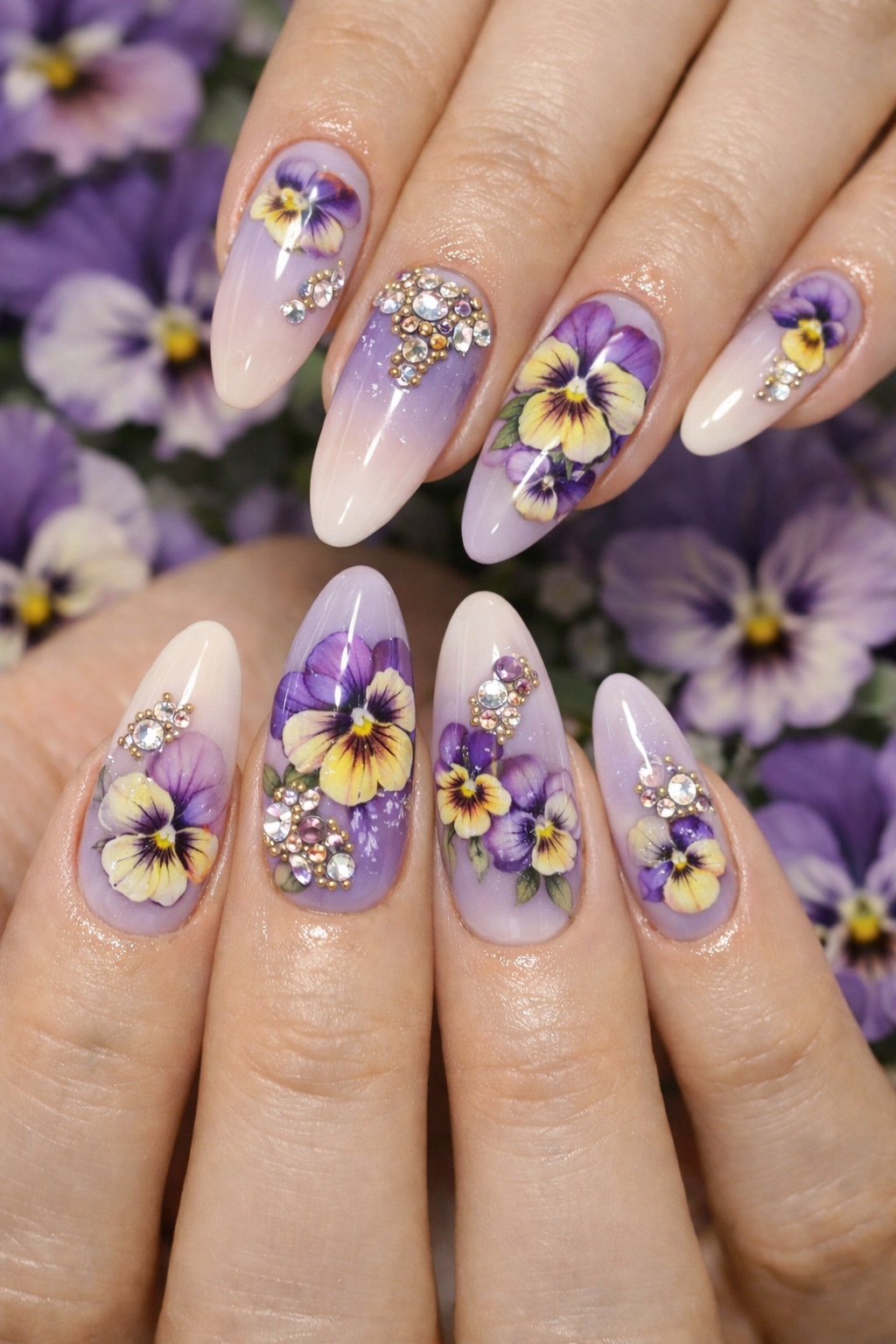#パンジーネイル,#フラワーネイル,#春ネイル,#ラベンダーネイル,#パープルネイル,#大人可愛いネイル,#ビジューネイル,#ジェルネイル,#最旬ちゅるんネイルのネイルデザイン