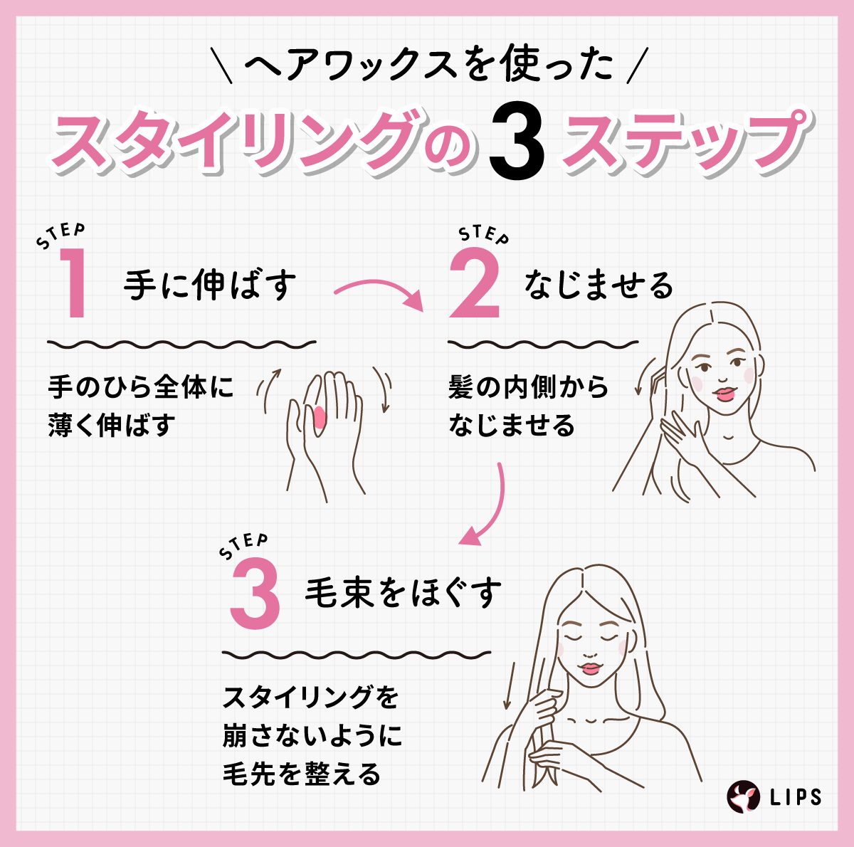 ヘアワックスを使ったスタイリングの3ステップ。手のひら全体に薄く伸ばして、髪の内側からなじませる。そして、スタイリングを崩さないように毛先を整える。