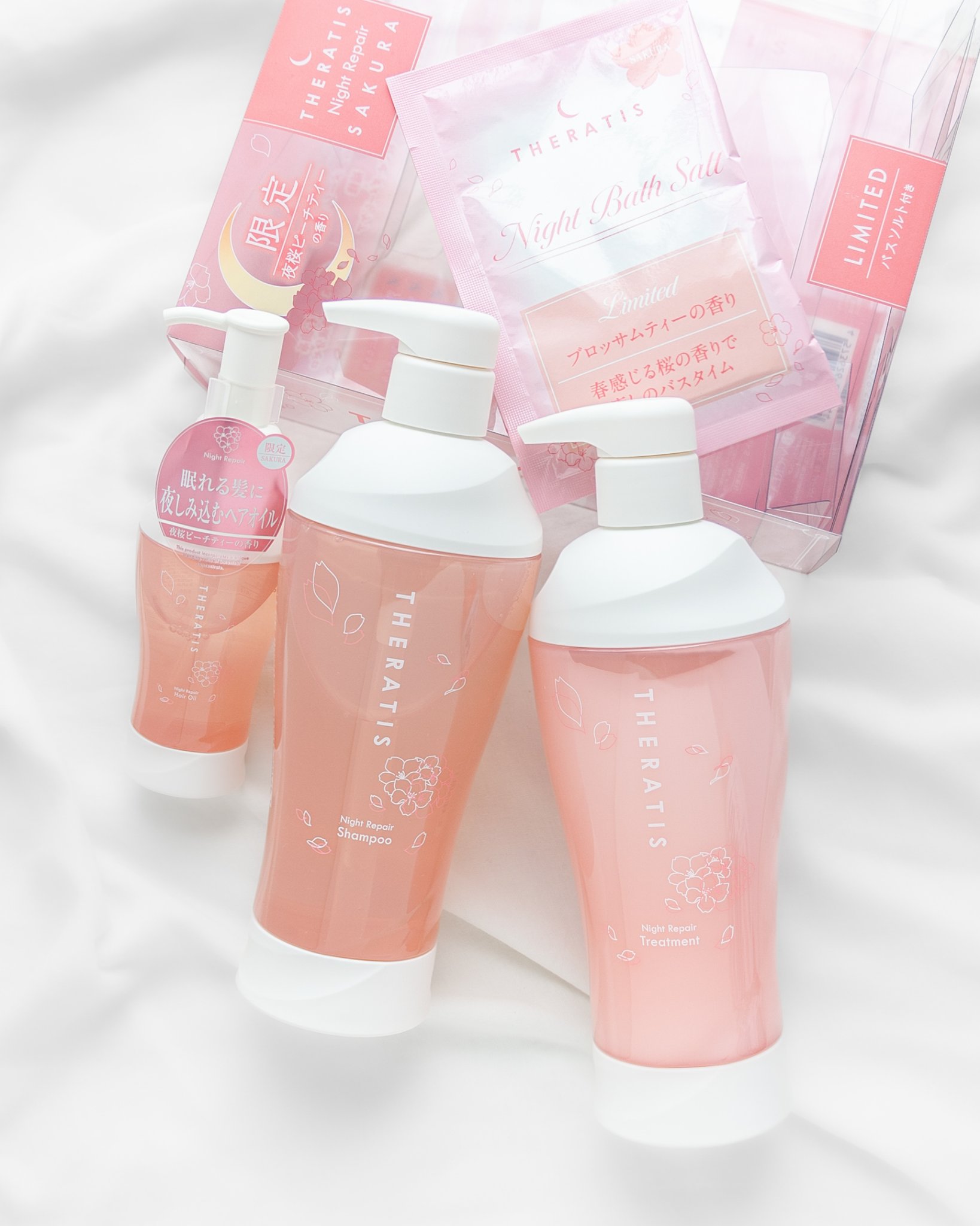 THERATIS セラティス　ナイトリペア　ヘアオイル サクラのクチコミ「LIMITED🌸夜桜ピーチティー🫖
 
 
限定の香りのピーチティー セットと
定番の詰め替え.....」（1枚目）