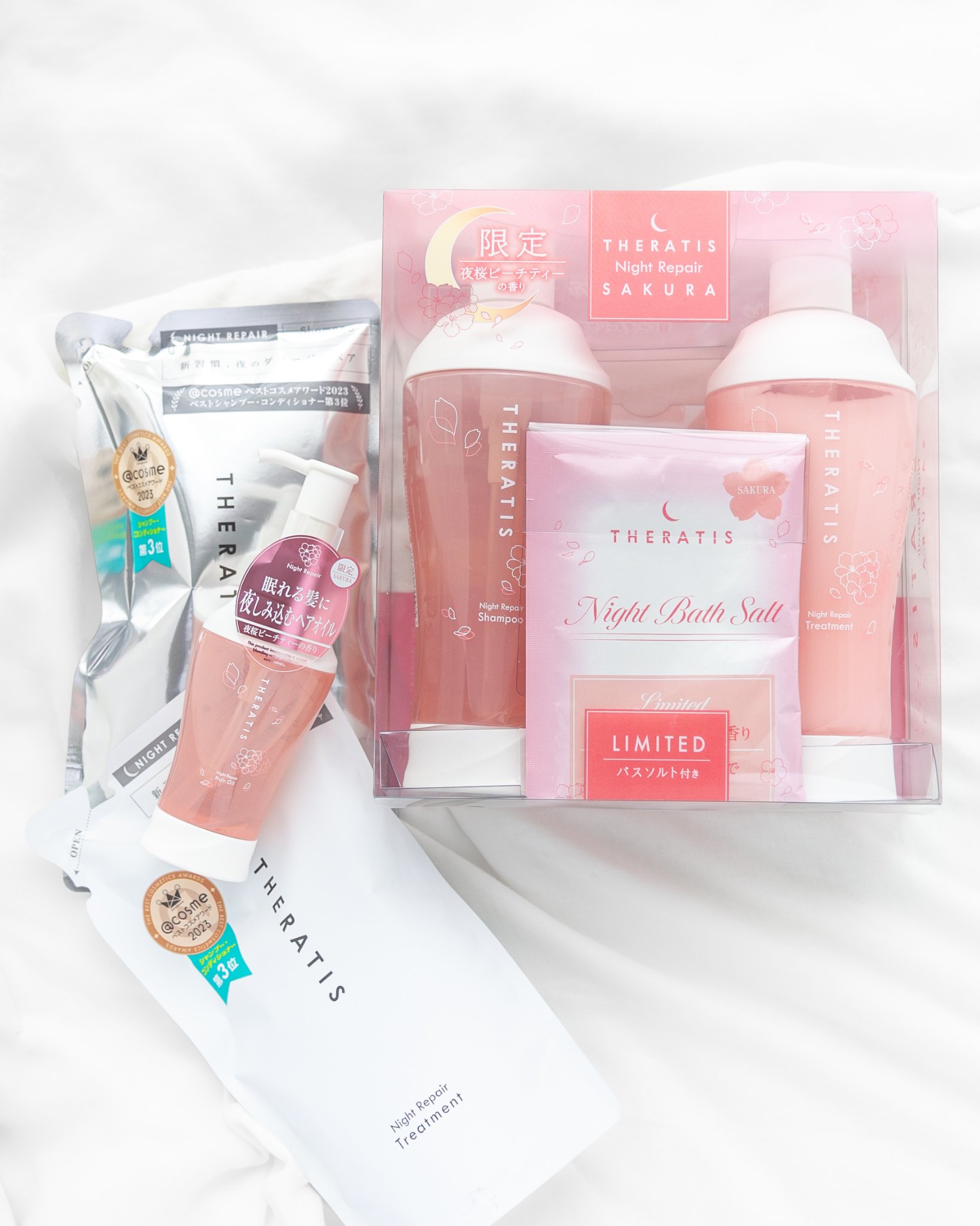 THERATIS セラティス　ナイトリペア　ヘアオイル サクラのクチコミ「LIMITED🌸夜桜ピーチティー🫖
 
 
限定の香りのピーチティー セットと
定番の詰め替え.....」（2枚目）