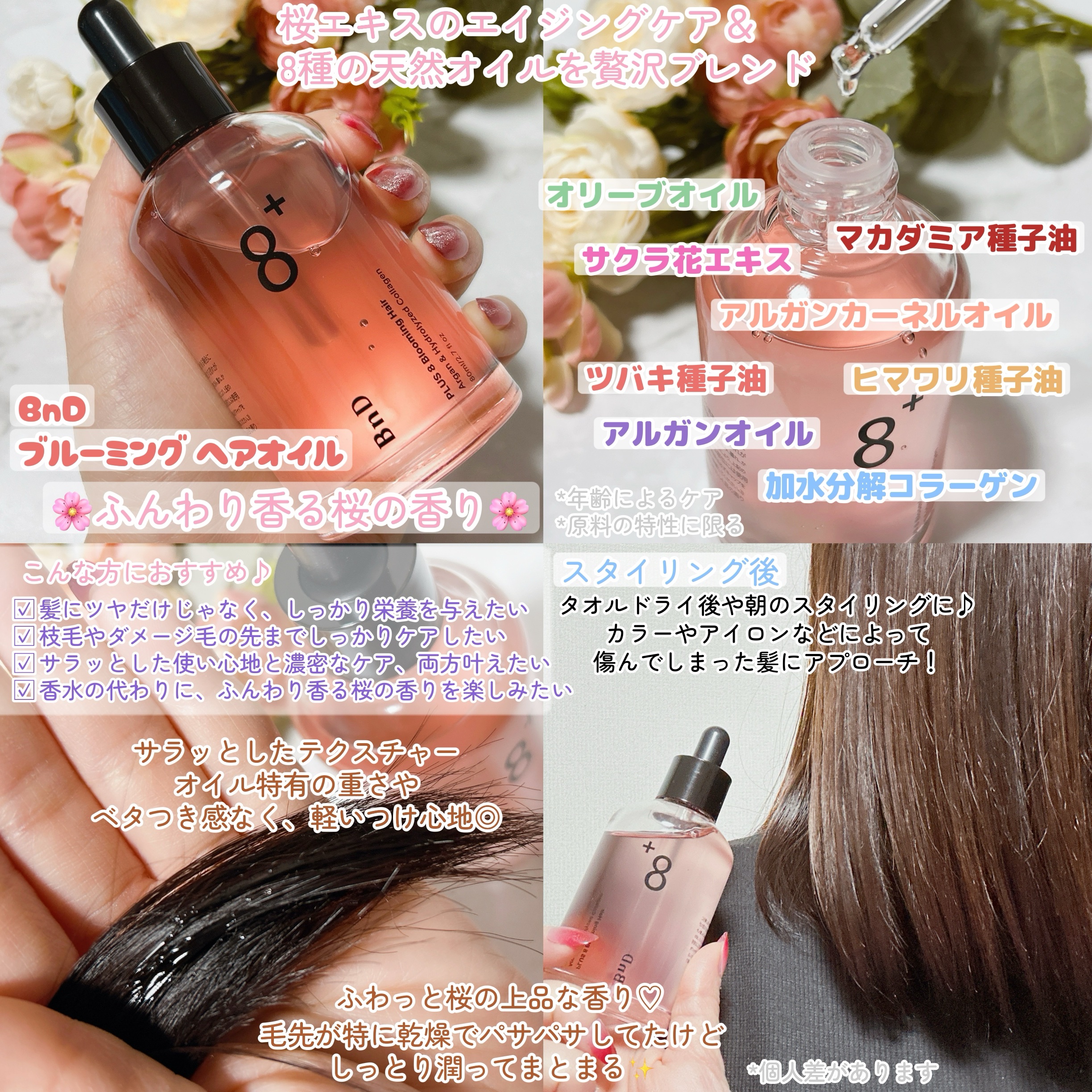 8+ブルーミングヘアオイル　ナチュラルフローラルの香り/BnD/ヘアオイルを使ったクチコミ（2枚目）