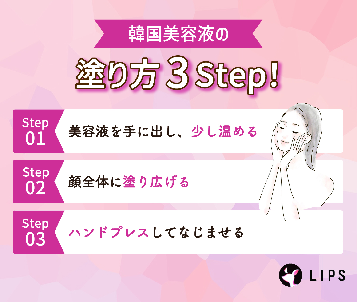 韓国美容液の塗り方3Step！美容液を手に出し、少し温める。顔全体に塗り広げる。ハンドプレスしてなじませる。