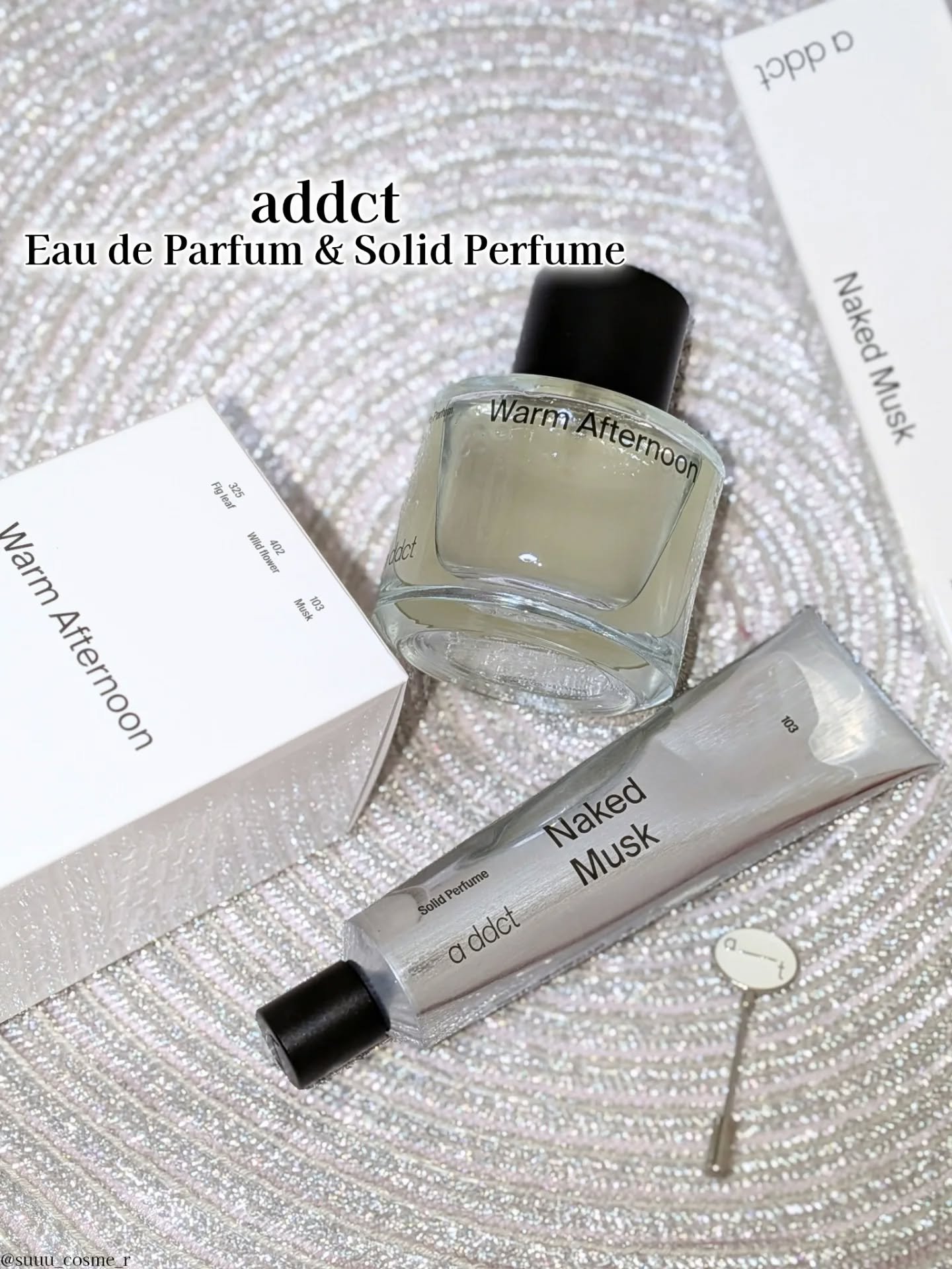 Addct オードパフューム ウォームアフタヌーンのクチコミ「addict(エイディクト)
アルコールフリーでお肌にも優しくふんわり香る香水と練り香水🤍✨
.....」（1枚目）