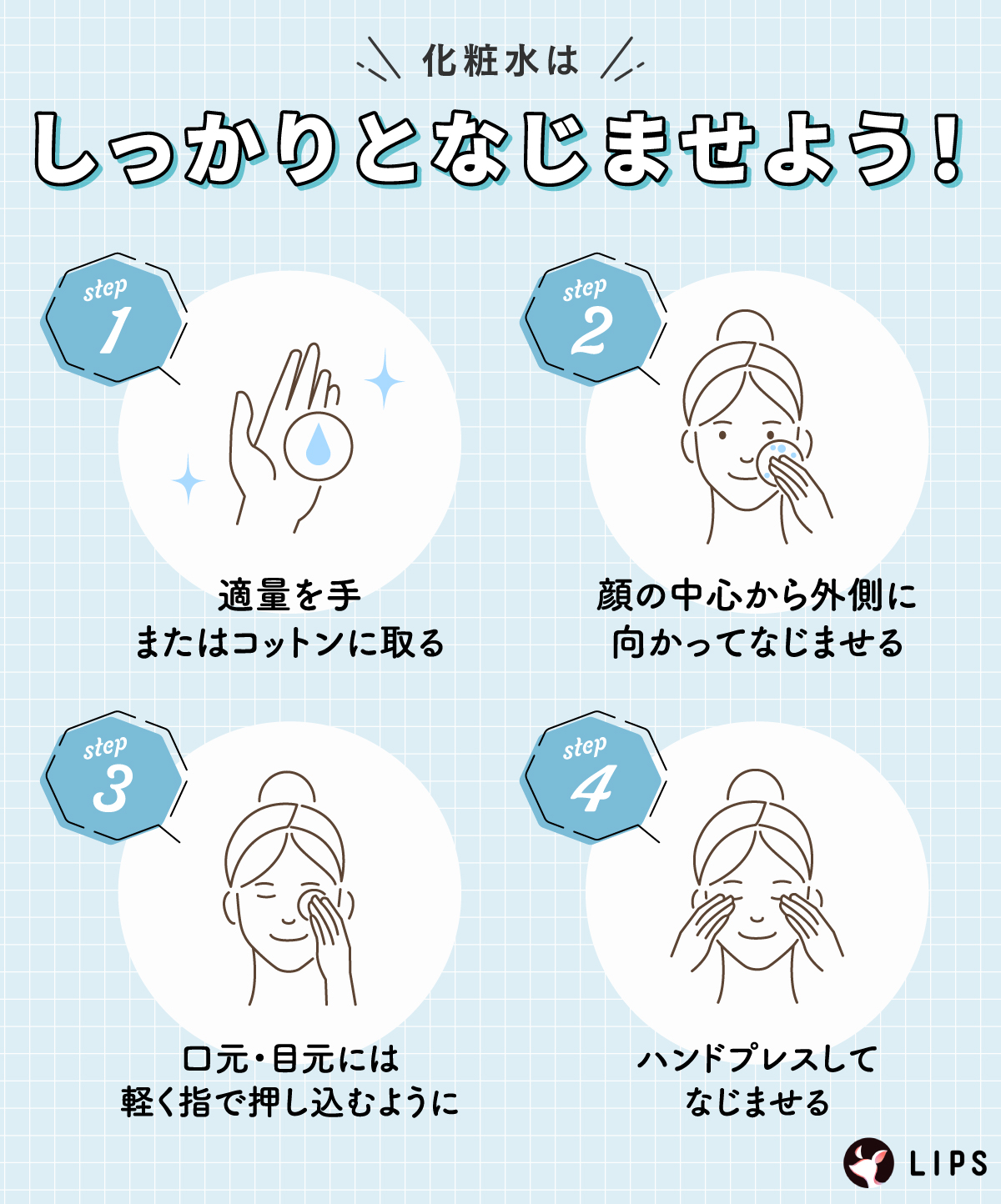 化粧水はしっかりとなじませよう！適量を手またはコットンに取ったら、顔の中心から外側に向かってなじませる。目元・口元には、軽く指で押し込むように。最後にハンドプレスしてなじませる。