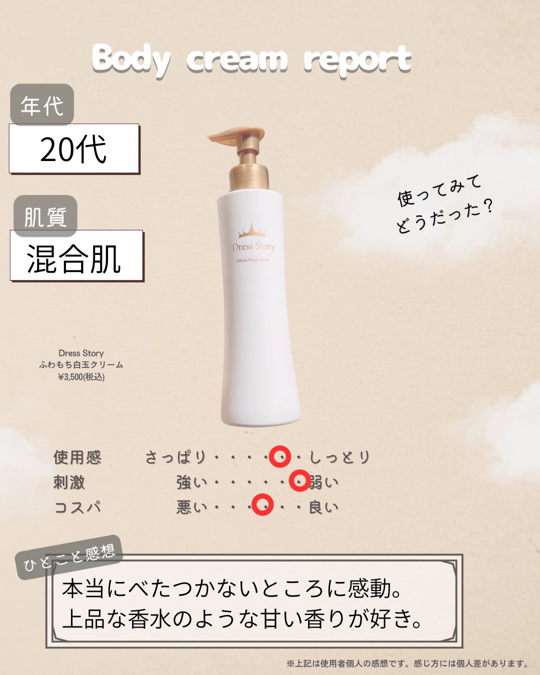 Dress Story ふわもち白玉クリームのクチコミ「shabonから誕生したブランド『Dress Story』のボディクリーム✨

Dress S.....」（2枚目）