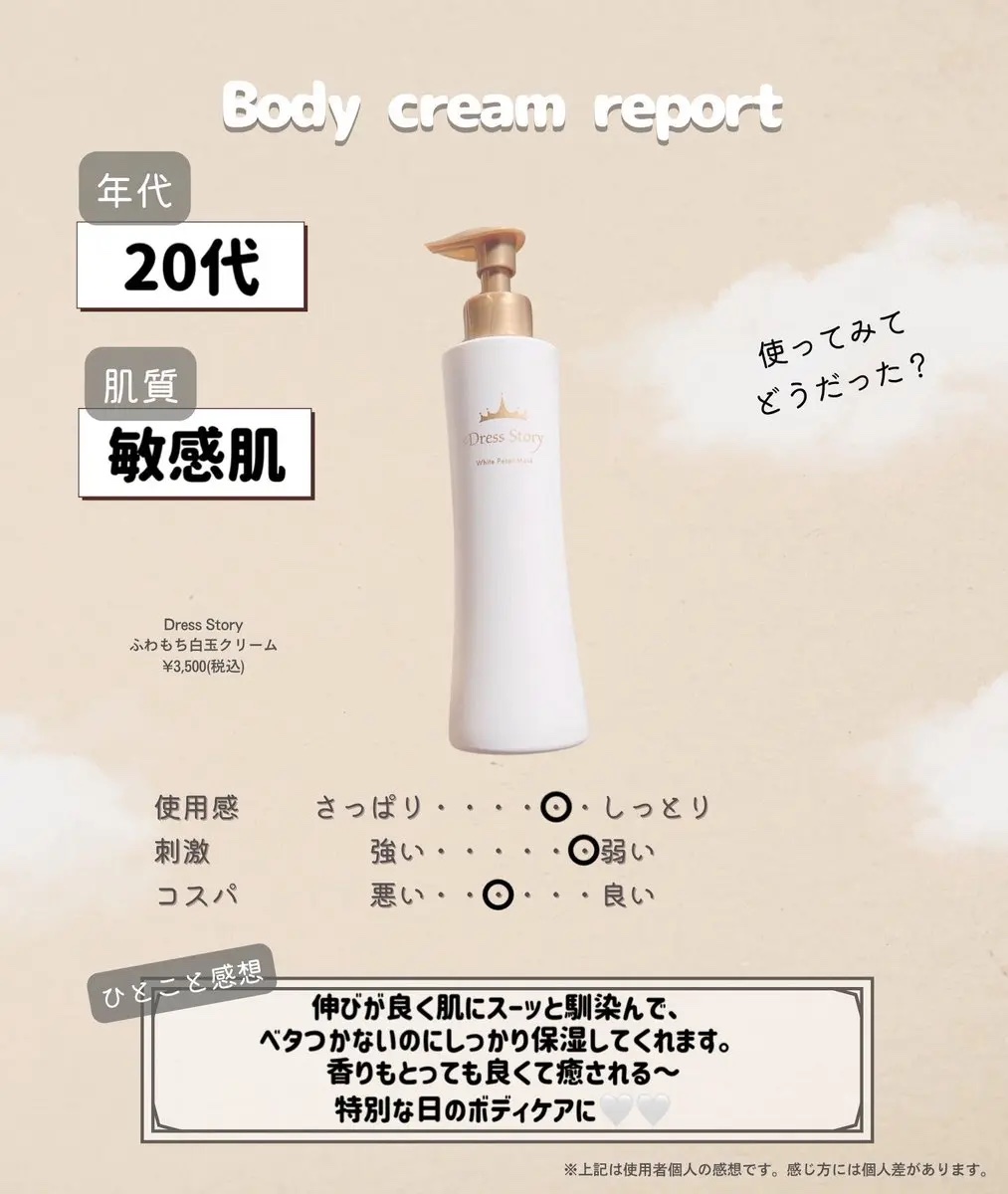 Dress Story ふわもち白玉クリームのクチコミ「꒰ PR ꒱

🤍ふわもち白玉クリーム

尿素×レチノール配合のボディクリーム！

乳液のよう.....」（3枚目）