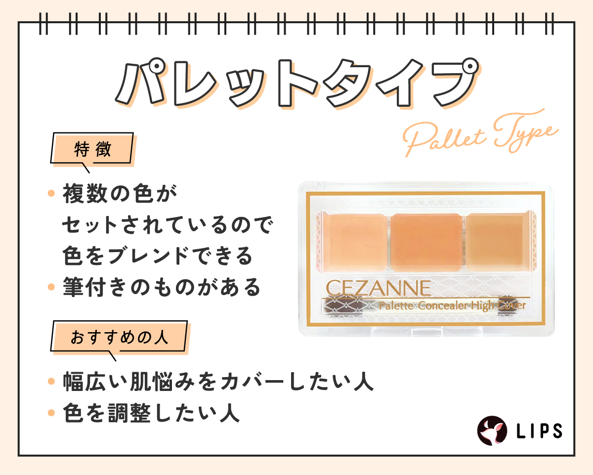 パレットタイプは複数の色がセットされているので色をブレンドできるのが特徴で筆付きのものもあります。幅広い肌悩みをカバーしたい人や色を調整したい人におすすめ。
