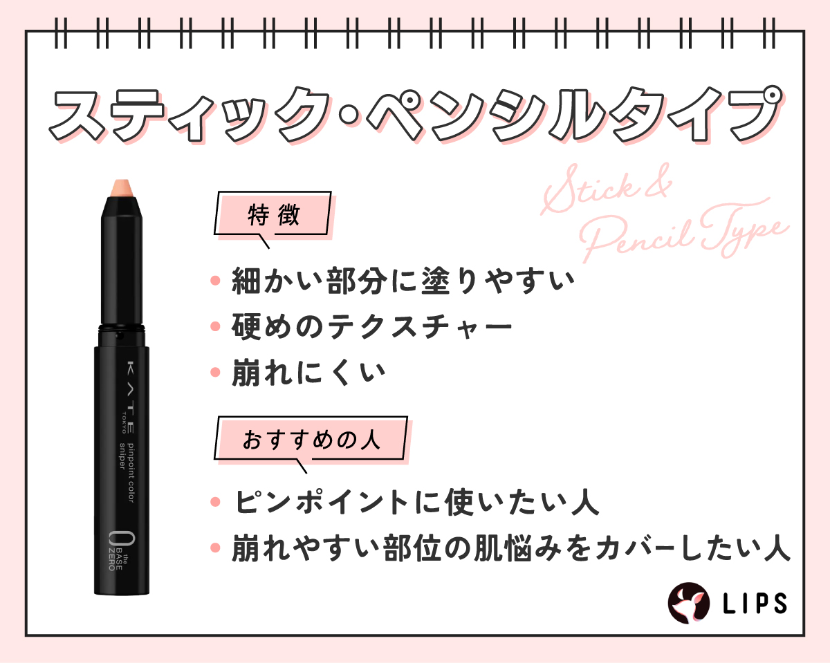 スティック・ペンシルタイプは細かい部分に塗りやすい。硬めのテクスチャーで崩れにくいのが特徴。ピンポイントに使いたい人や崩れやすい部位の肌悩みをカバーしたい人におすすめ。