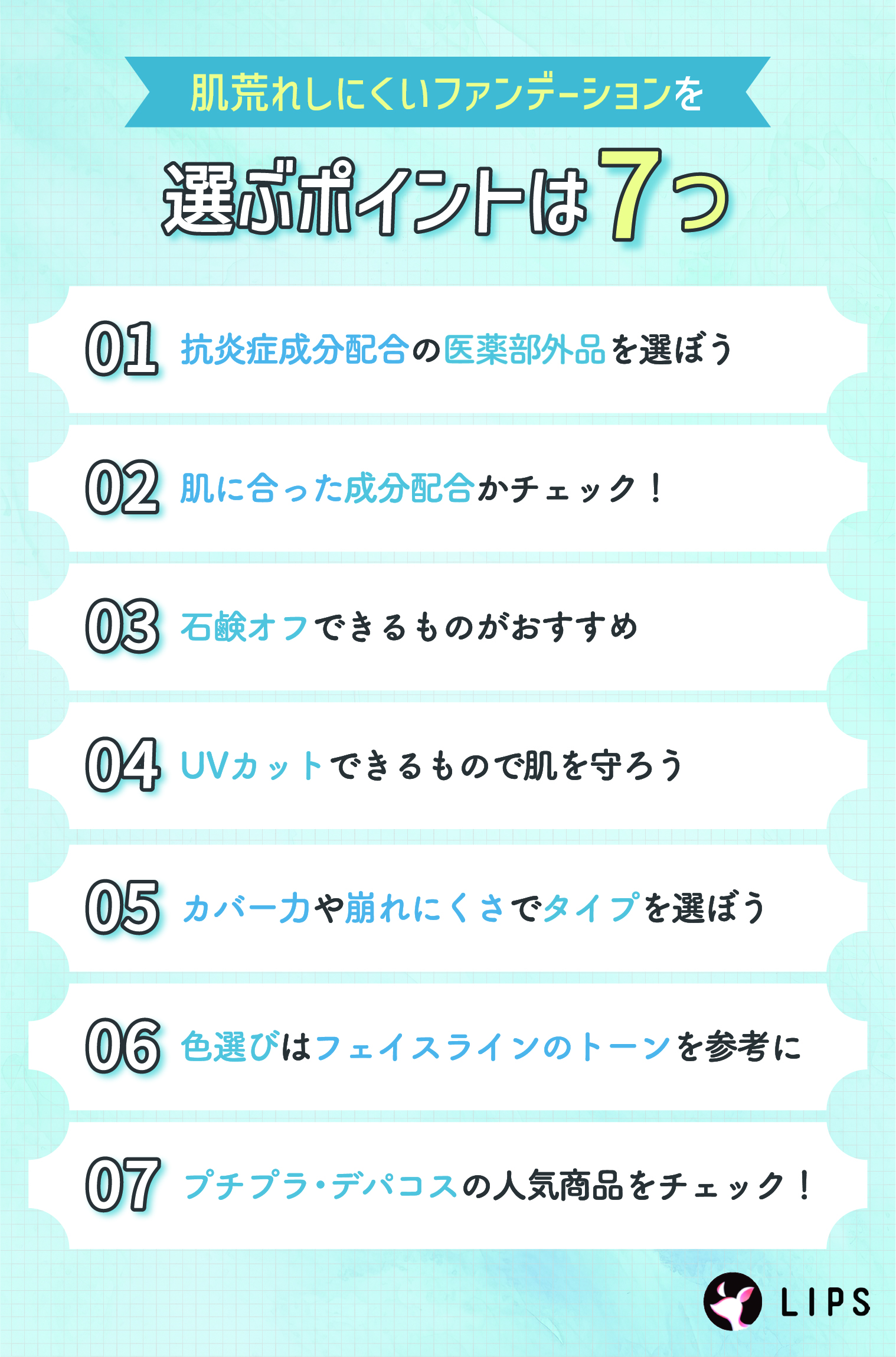 肌荒れしにくいファンデーションを選ぶポイントは7つ。抗炎症成分配合の医薬部外品を選ぼう。肌に合った成分配合かチェック！石鹸オフできるものがおすすめ。UVカットできるもので肌を守ろう。カバー力や崩れにくさでタイプを選ぼう。色選びはフェイスラインのトーンを参考に。プチプラ・デパコスの人気商品をチェック！