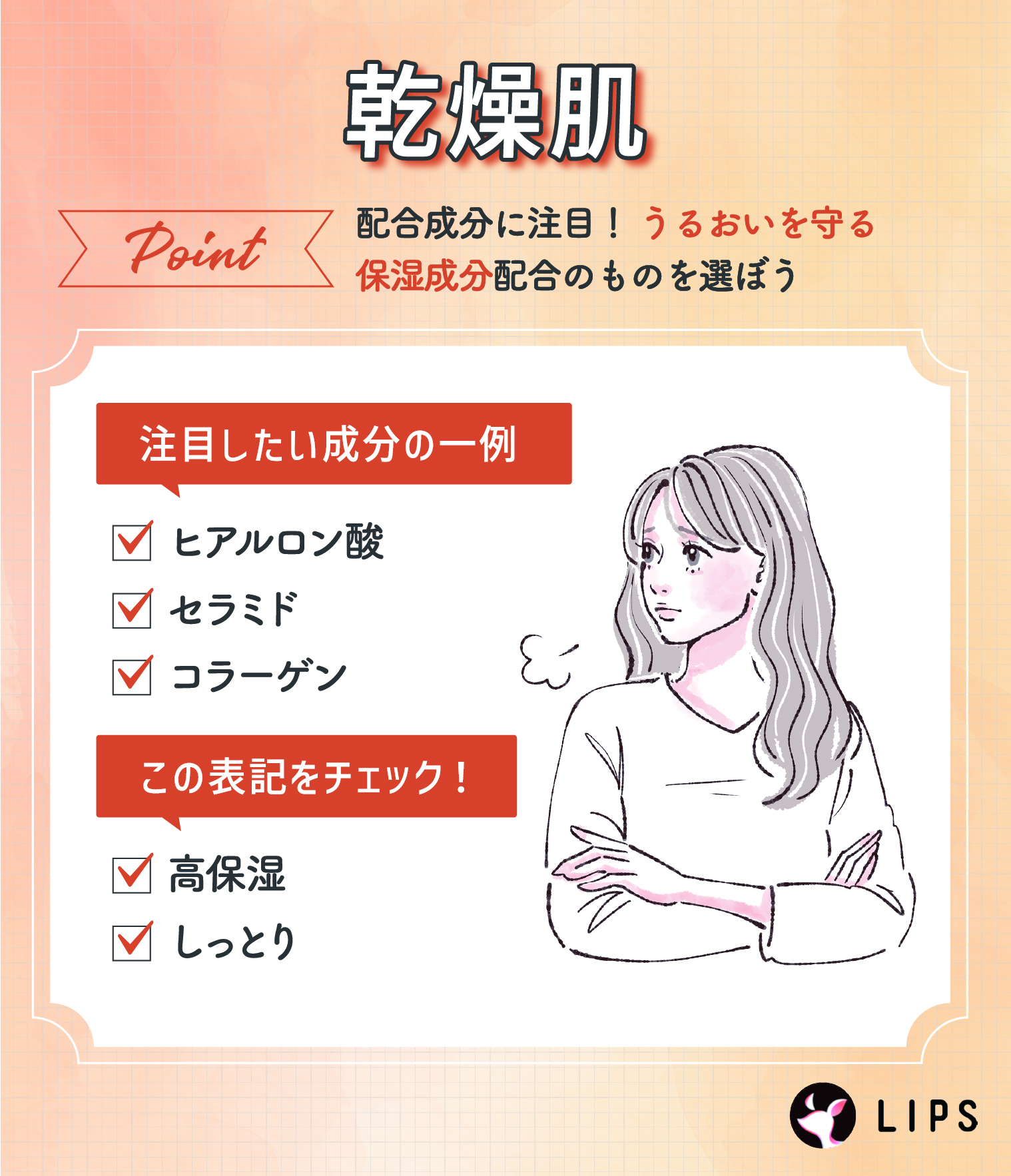 乾燥肌は配合成分に注目！うるおいを守る保湿成分配合のものを選ぼう。注目したい成分の一例は、ヒアルロン酸・セラミド・コラーゲン。高保湿・しっとりの表記もチェック！