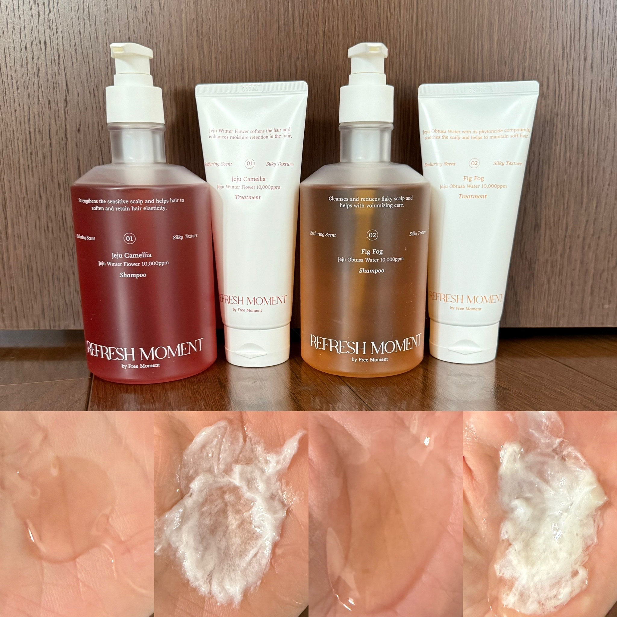 REFRESH MOMENT

左から

01JEJU CAMELLIA

ダメージケア&保湿ケア。

椿エキス10,000ppm配合

椿の香り。

🌟SHAMPOO

500ml

洗い上がり保湿感を残しつつ、

キシキシすることはな