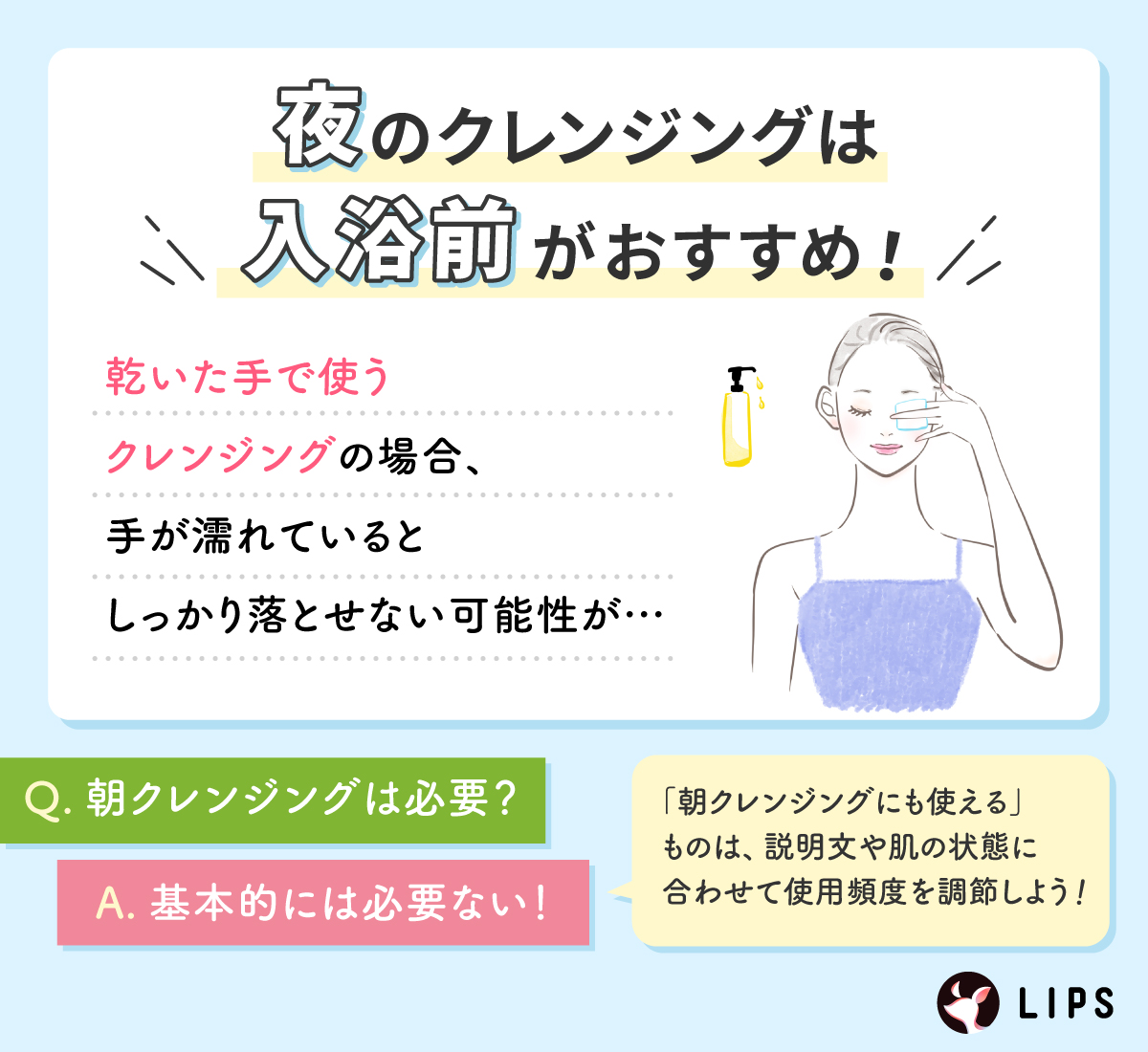 夜のクレンジングは入浴前がおすすめ！乾いた手で使うクレンジングの場合、手が濡れているとしっかり落とせない可能性が。朝クレンジングは、基本的に必要ない！