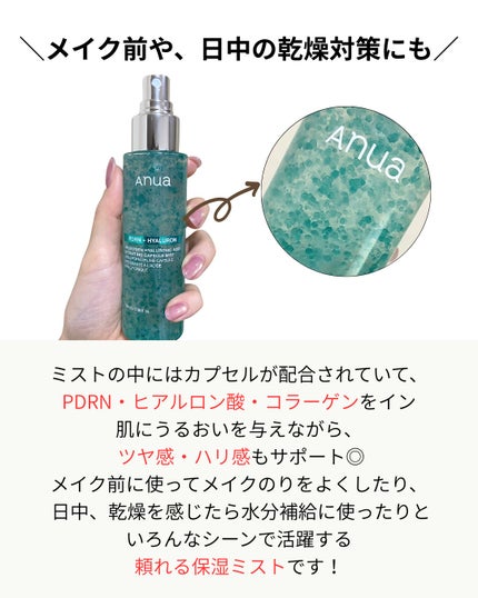 Anua PDRNヒアルロン酸ハイドレイティングミストのクチコミ「.
SNSで見かけて、ずっと気になっていた
AnuaのPDRNミスト
日中の乾燥が本当に気な.....」(3枚目)