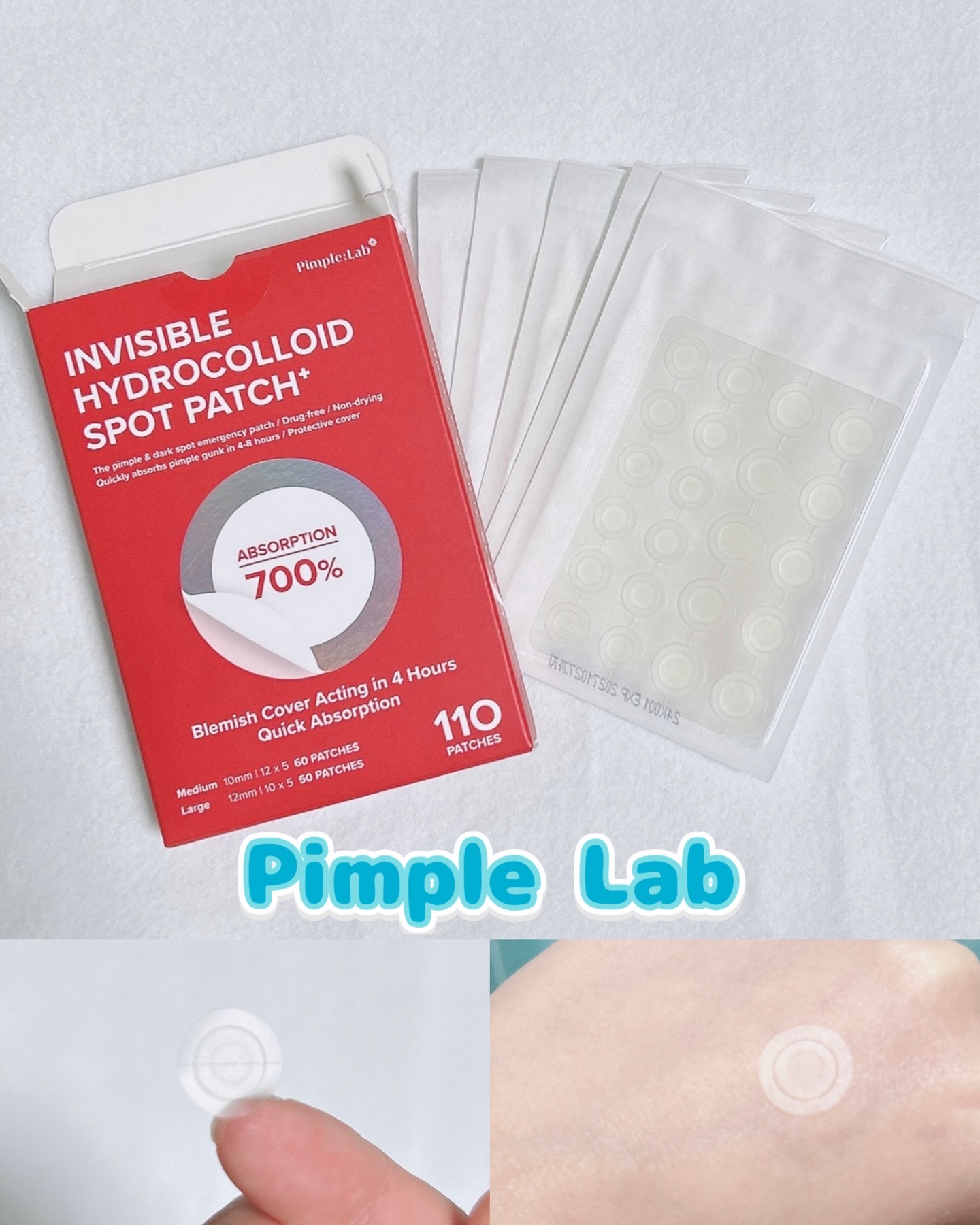 Pimple Lab ニキビ用スポットパッチ

5シート入り。
1つのシートに2つのサイズが入っています。
シートには小分けのパッケージだけでなく、保護フィルムもついていました。
気になる部分にさっと貼れるパッチです。
粘着力が高いのが良か