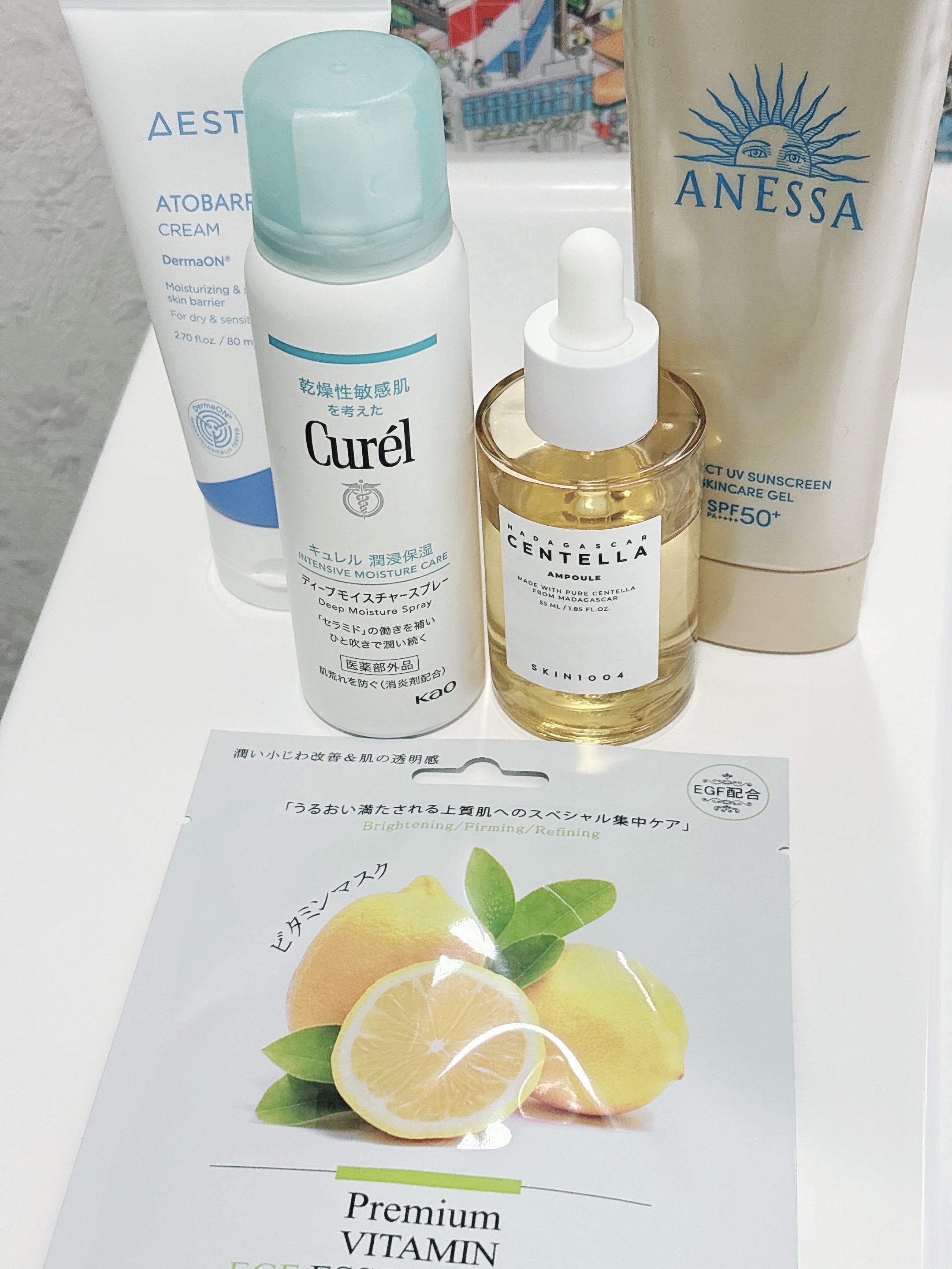 モーニングスキンケア☀️

このシートマスク良かった🍋

キュレル
ディープモイスチャースプレー
LET’SSKIN
SKIN1004
センテラ アンプル
AESTURA
アトバリア365クリーム
アネッサ　
パーフェクトUV　スキンケア