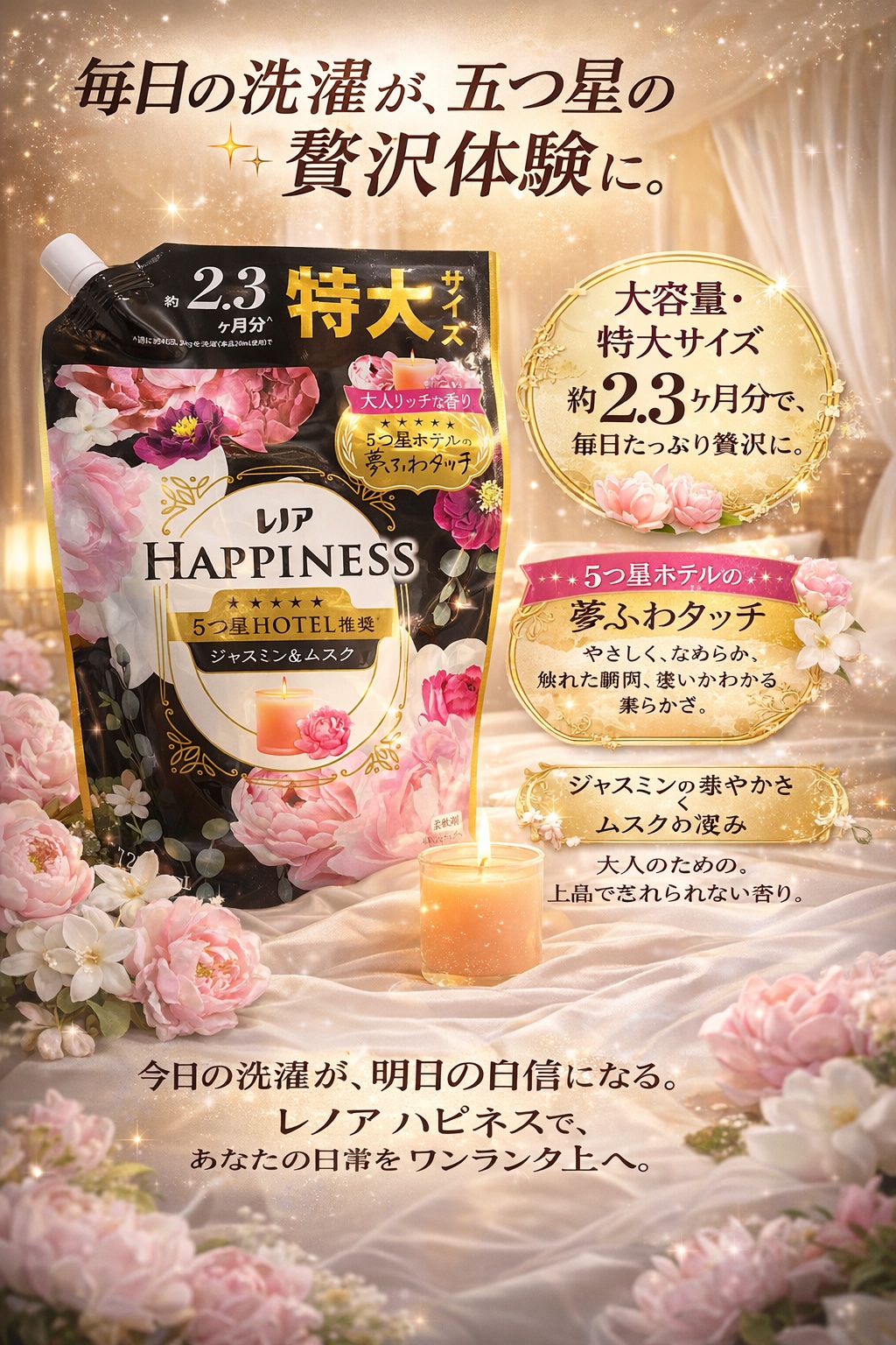 香りも強めで普段の柔軟剤の香りに物足りない方にもおすすめ！
洗濯が終わって干すといい香り‼️

着ててもふわっと優しく香ってくれる！


🖤 大容量・特大サイズ
約2.3ヶ月分で、毎日たっぷり贅沢に。

🌸 5つ星ホテルの夢ふわタッチ
