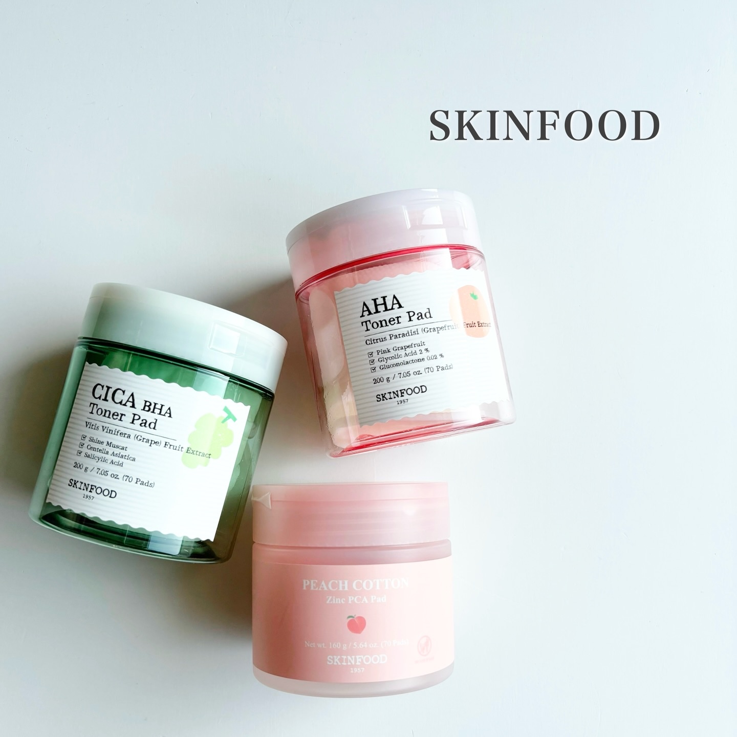 ・
　
　
　
スキンフード 様の
キャンペーンにて当選し、
　
🩷ピンクグレープフルーツ AHA トナーパッド
💚シャインマスカット シカ BHA トナーパッド
🍑ピーチコットンジンク PCAパッド
