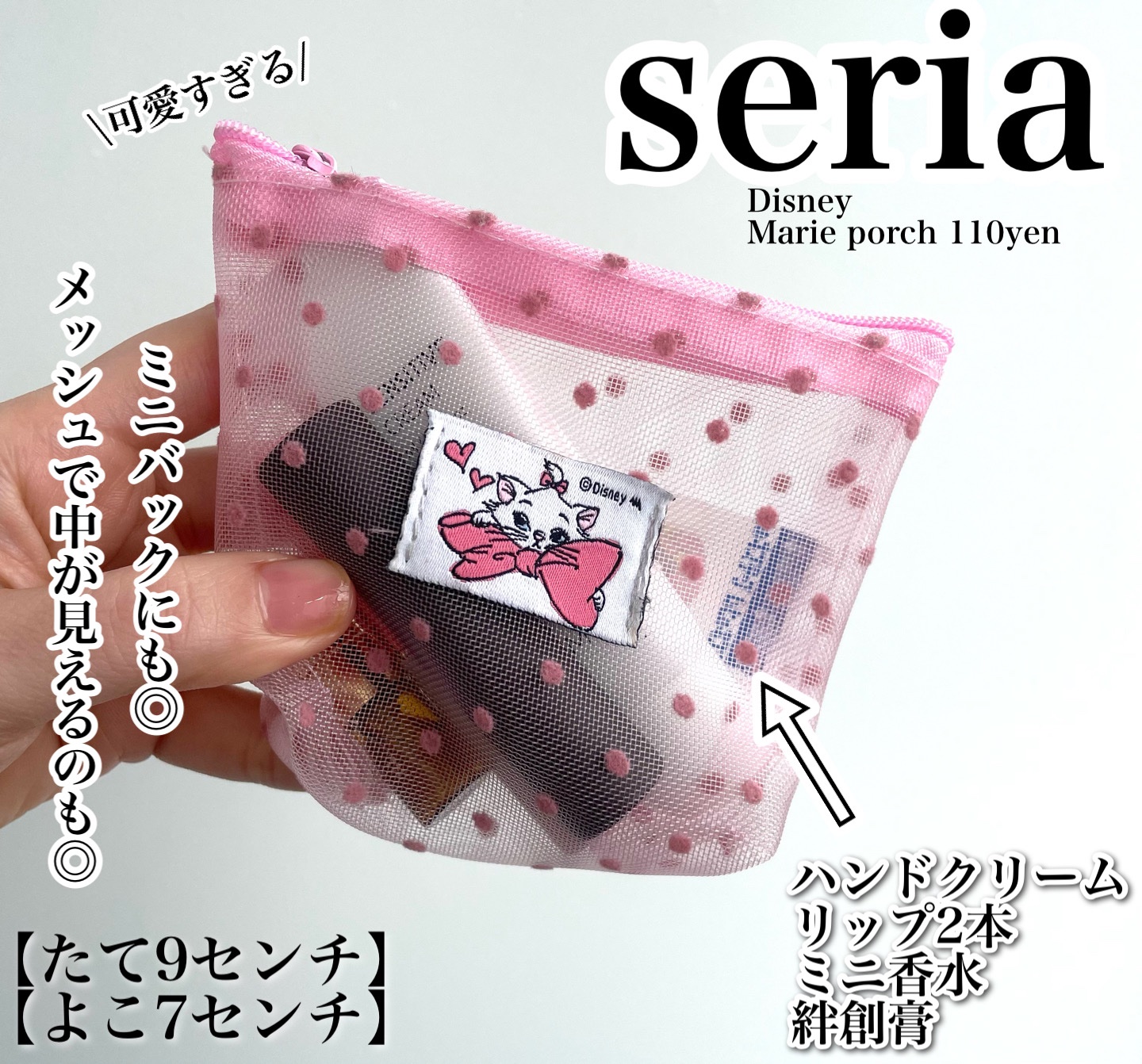 
\ちょっと数時間お出かけする時の
　　　　　　　　　メイクポーチの中身/


最近ミニバックを使うことが多いので
ミニポーチに最低限持ち歩くことが多い✨


seriaで一目惚れしたマリーちゃんのメッシュポーチ🩷マチもあって見た目より入