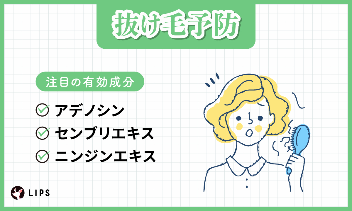 抜け毛予防にはアデノシン・センブリエキス・ニンジンエキスなどの有効成分がおすすめ。