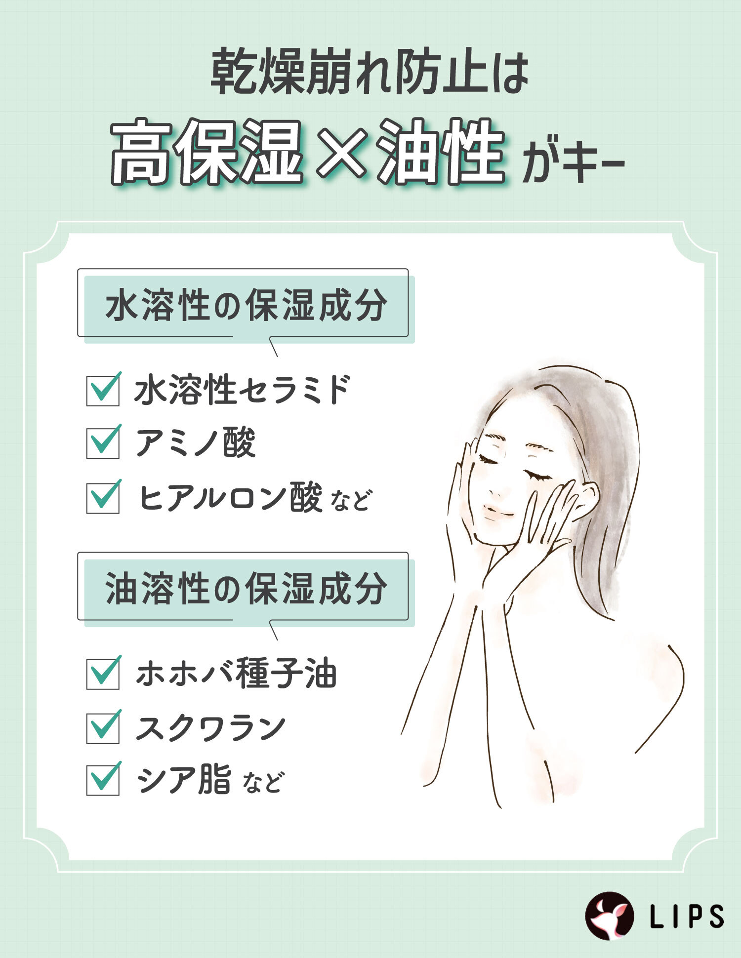 乾燥崩れ防止は、高保湿×油性がキー。水溶性の保湿成分は水溶性セラミド・アミノ酸・ヒアルロン酸など。油溶性の保湿成分はホホバ種子油・スクワラン・シア脂など。