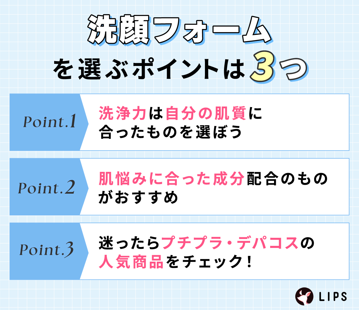 洗顔フォームを選ぶポイントは3つ。洗浄力は自分の肌質に合ったものを選ぼう。肌悩みに合った成分配合のものがおすすめ。迷ったらプチプラ・デパコスの人気商品をチェック！