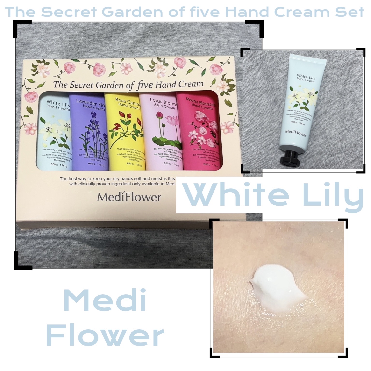 ☆Medi Flower  ザ　シークレットガーデン
オブ　ファイブハンドクリームセット
ホワイトリリー

かなり昔に購入していたハンドクリームです。

蓋の中に内蓋が付いていてそれを剥がすとクリームが出せます。

ホワイトリリーは石鹸の様
