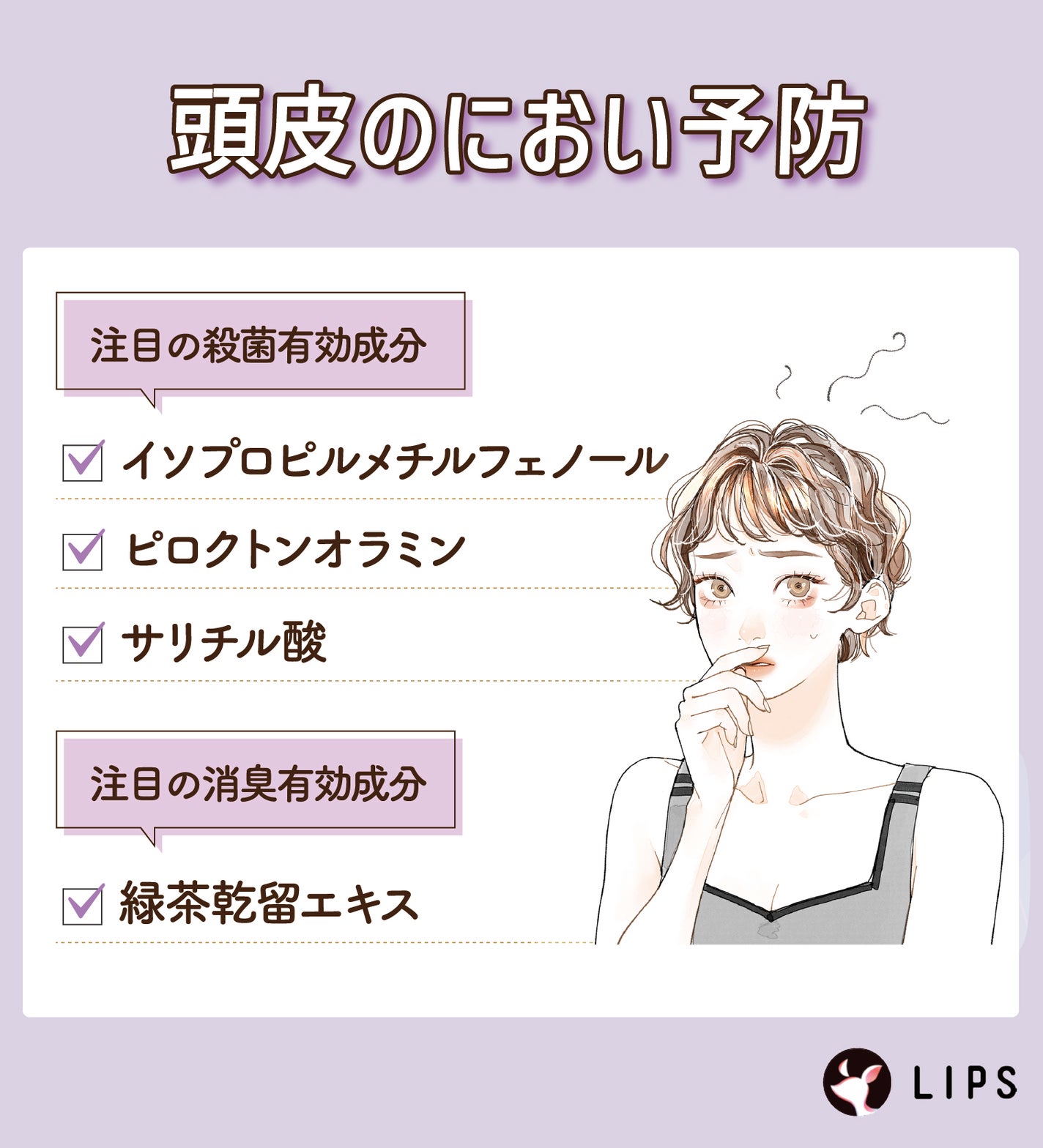 頭皮のにおい予防。注目の殺菌有効成分はイソプロピルメチルフェノール・ピロクトンオラミン・サリチル酸。注目の消臭有効成分は緑茶乾留エキス。