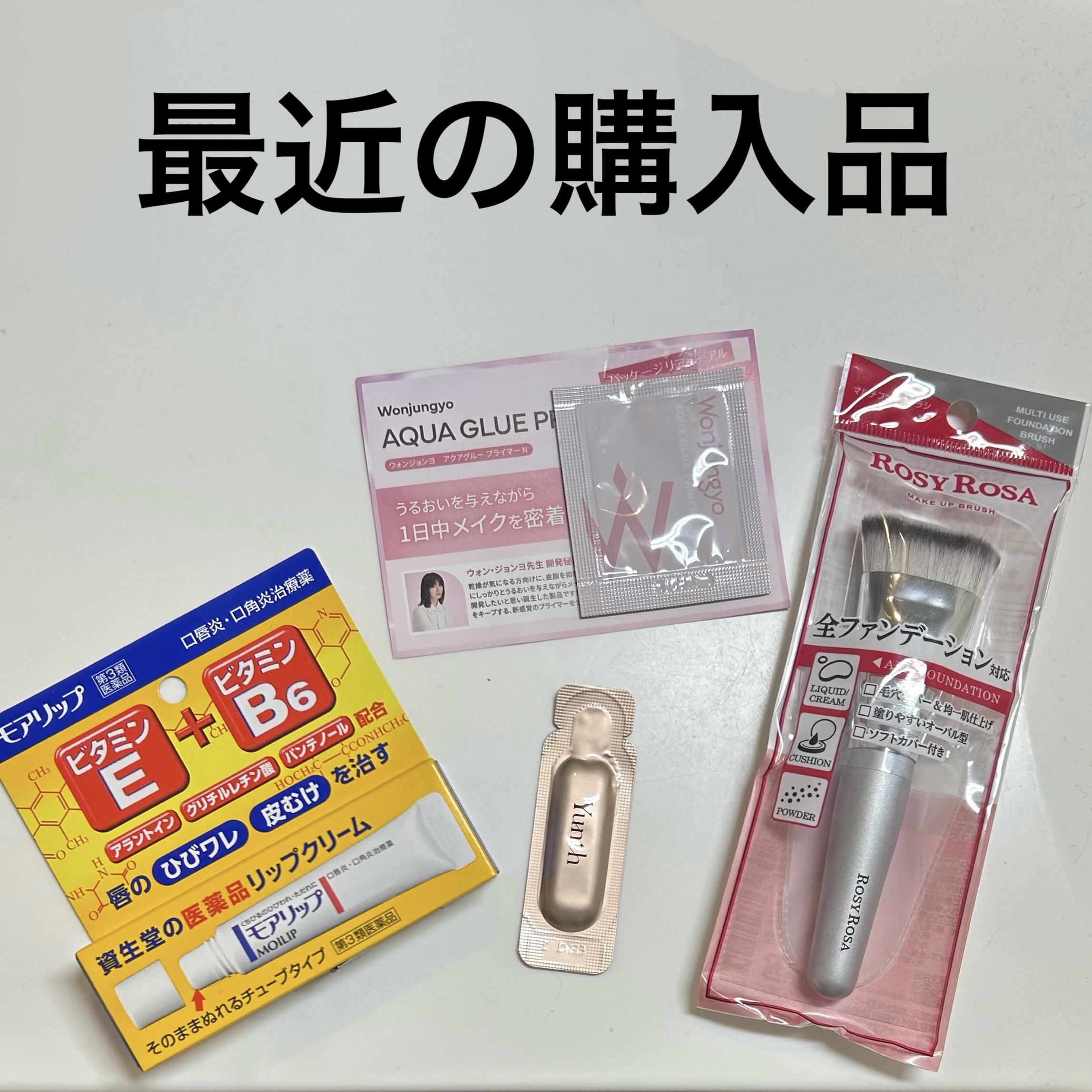 同居人おすすめで出会った
薬用リップと気になってたブラシ💄

⸻

最近の購入品といただきものまとめ🛒

まずはリップから。

【資生堂薬品　モアリップ N】
・医薬品の薬用リップ
・ビタミンE＋ビタミンB6配合
・唇の荒れ、ひび割れ、