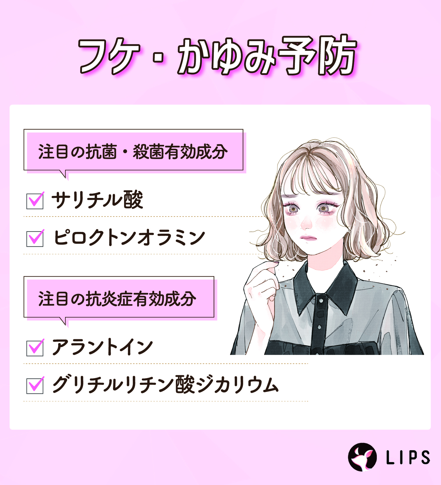 フケ・かゆみ予防。注目の抗菌・殺菌有効成分はサリチル酸・ピロクトンオラミン。注目の抗炎症有効成分はアラントイン・グリチルリチン酸ジカリウム。