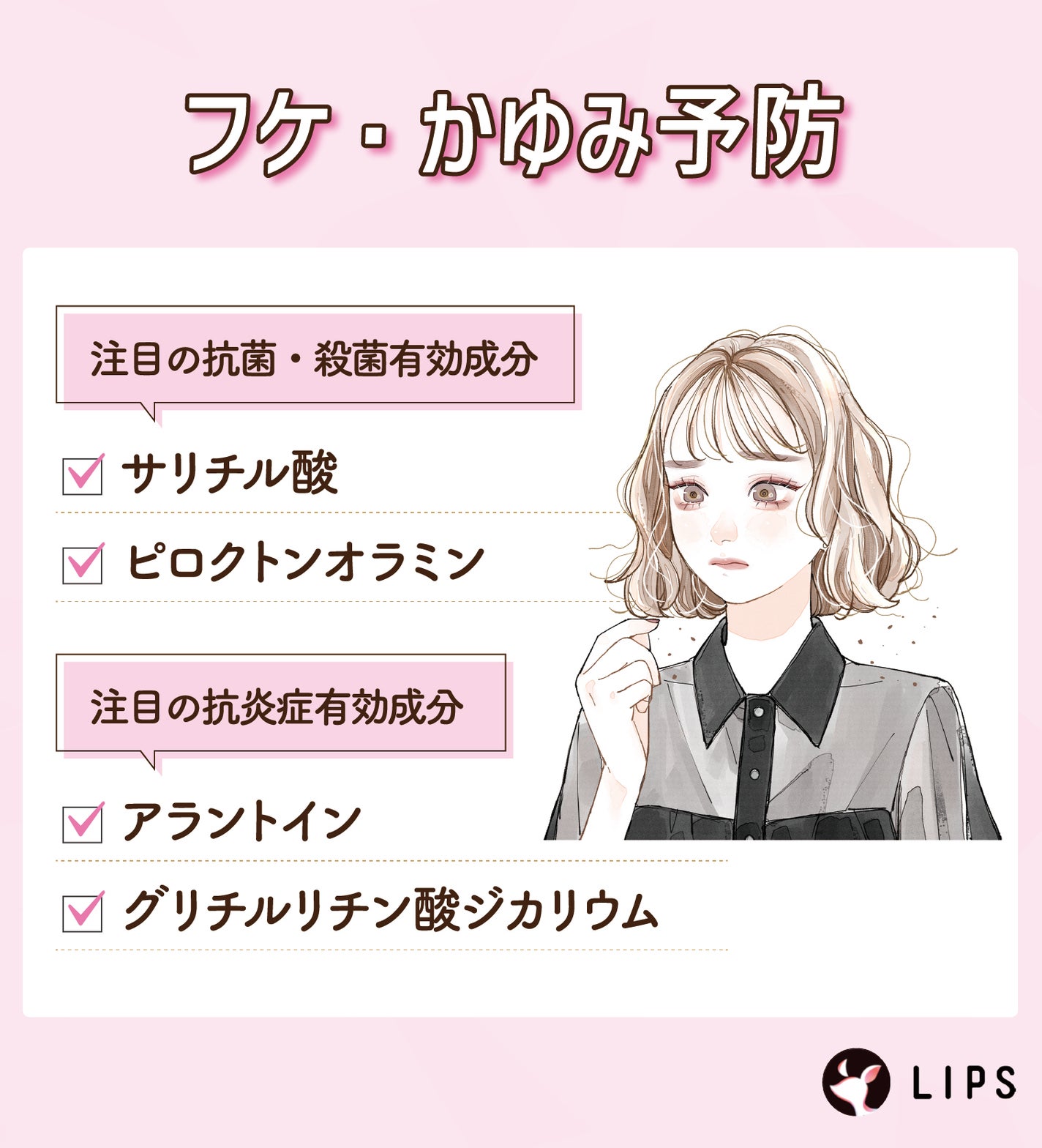 フケ・かゆみ予防。注目の抗菌・殺菌有効成分はサリチル酸・ピロクトンオラミン。注目の抗炎症有効成分はアラントイン・グリチルリチン酸ジカリウム。