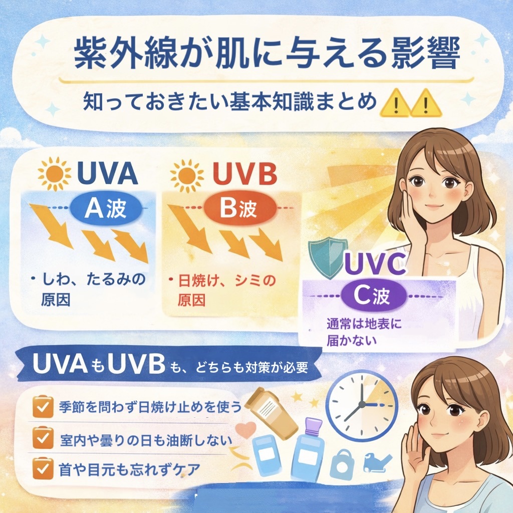 紫外線が肌に与える影響
知っておきたい基本知識まとめ 🌞⚠️

⸻

肌に最も大きなダメージを与える外的要因、
それが 「紫外線」 です。

実は
肌老化の約8割は紫外線が原因
ともいわれています👀

⸻

紫外線が肌に与える影響

・