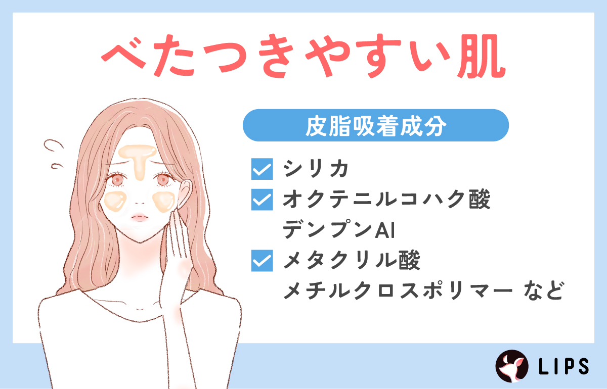 べたつきやすい肌にはシリカ・オクテニルコハク酸デンプンAl ・メタクリル酸メチルクロスポリマーなどの皮脂吸着成分がおすすめ。