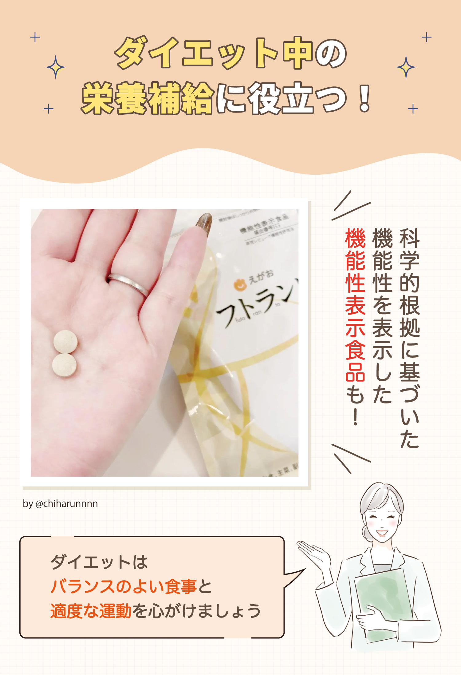 ダイエット中の栄養補給に役立つ！科学的根拠に基づいた機能性を表示した機能性表示食品も！ダイエットはバランスのよい食事と適度な運動を心がけましょう。