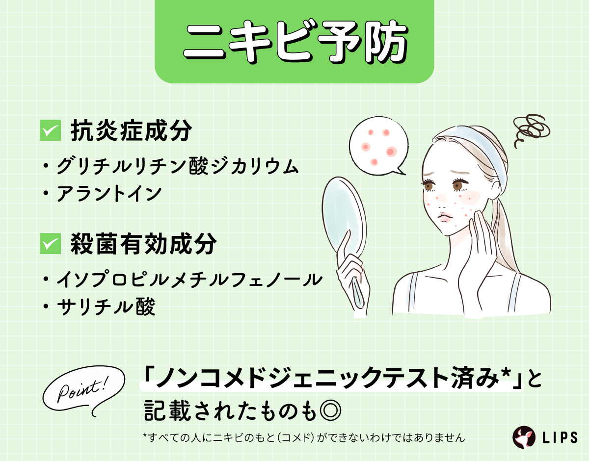 ニキビ予防。抗炎症有効成分がグリチルリチン酸ジカリウム・アラントイン。殺菌有効成分はイソプロピルメチルフェノール・サリチル酸。「ノンコメドジェニックテスト済み*」と記載されたものもよい。