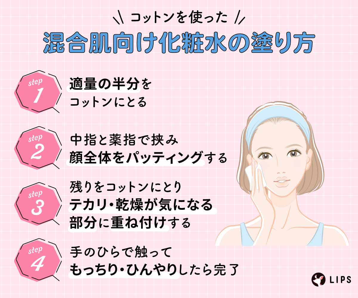 コットンを使った混合肌向け化粧水の塗り方。適量の半分をコットンにとる。中指と薬指で挟み顔全体をパッティングする。残りをコットンにとりテカリ・乾燥が気になる部分に重ね付けする。手のひらで触ってもっちり・ひんやりしたら完了。