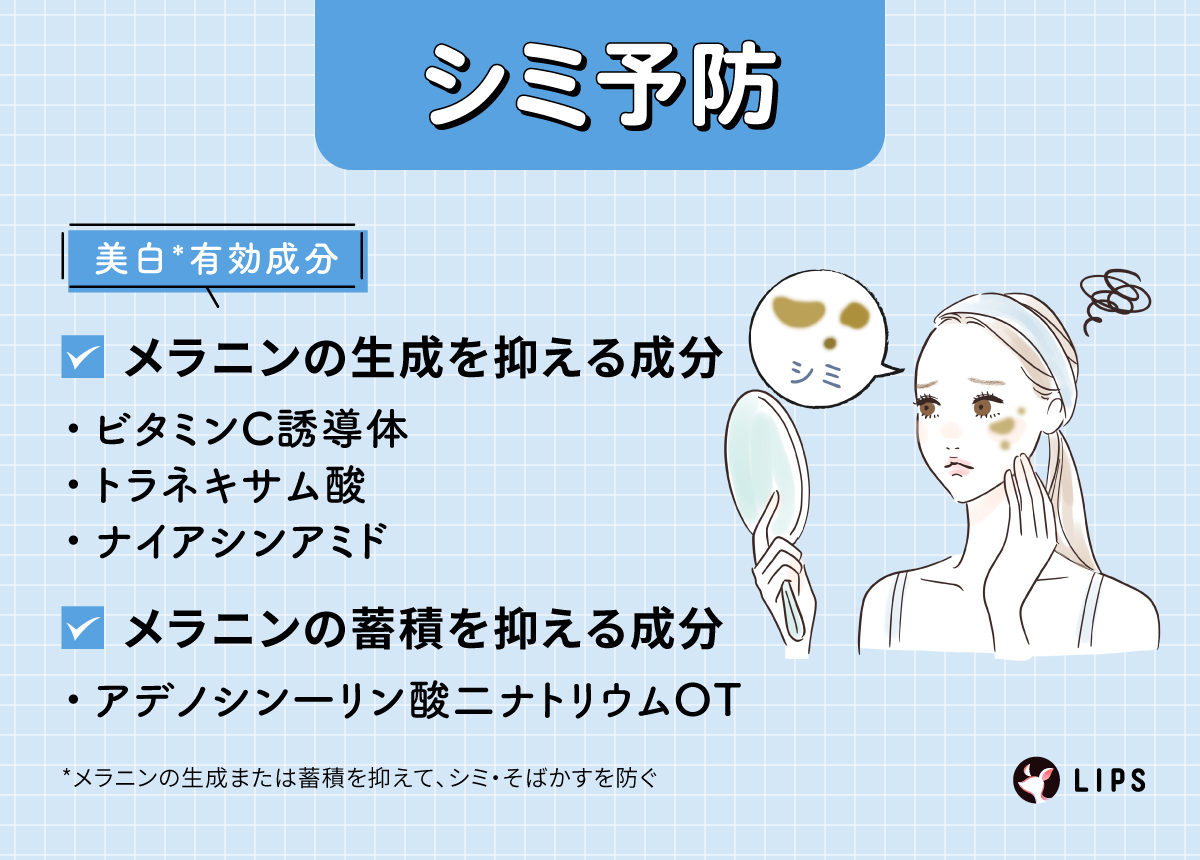 シミ予防。美白*有効成分はメラニンの生成を抑える成分のビタミンC誘導体・トラネキサム酸・ナイアシンアミド。 メラニンの蓄積を抑える成分のアデノシン一リン酸二ナトリウムOT。