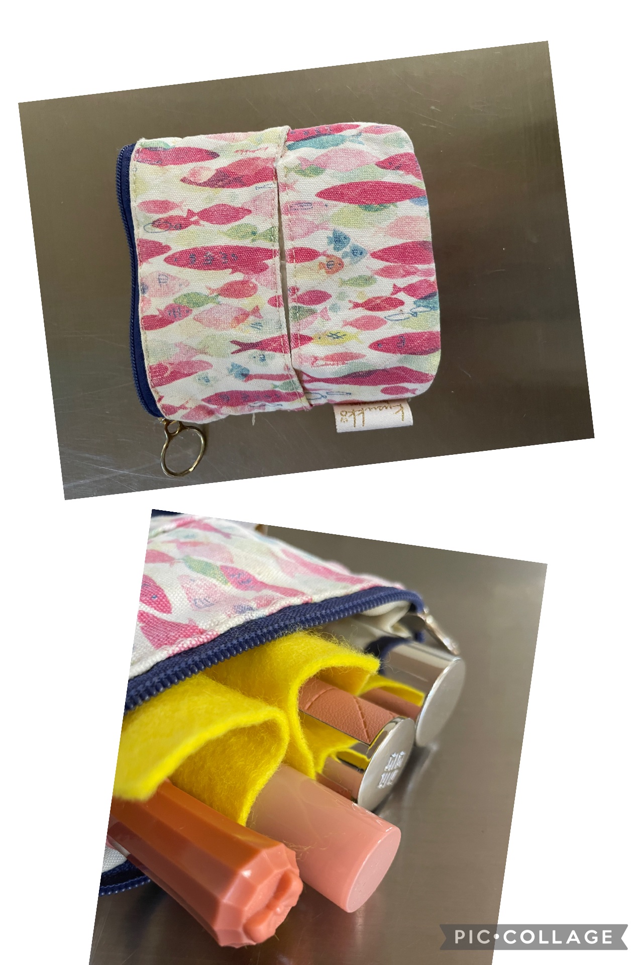 持ち歩きようのポーチと中身

茶色　　　　　　　　　　　　　1本
ピンク　ローズ系　コーラル系の2本
オレンジ　ツヤタイプ　　　　　1本
ティッシュ
絆創膏


大したことない中身ですみません💦
ベースは直しません。
たとえ禿げたとしても