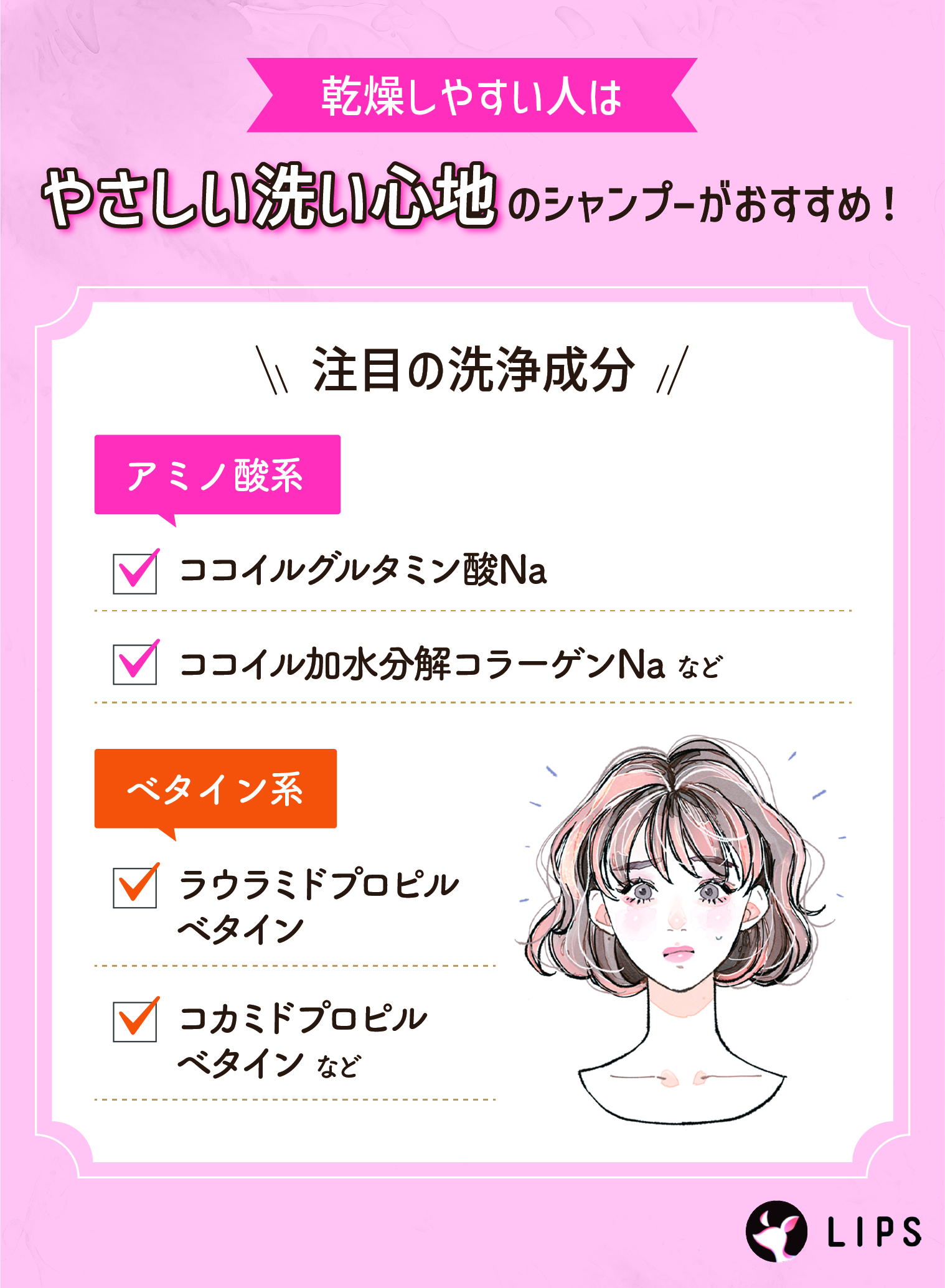 乾燥しやすい人はやさしい洗い心地のシャンプーがおすすめ！注目の洗浄成分。アミノ酸系はココイルグルタミン酸Na・ココイル加水分解コラーゲンNaなど。ベタイン系はラウラミドプロピルベタイン・コカミドプロピルベタインなど。