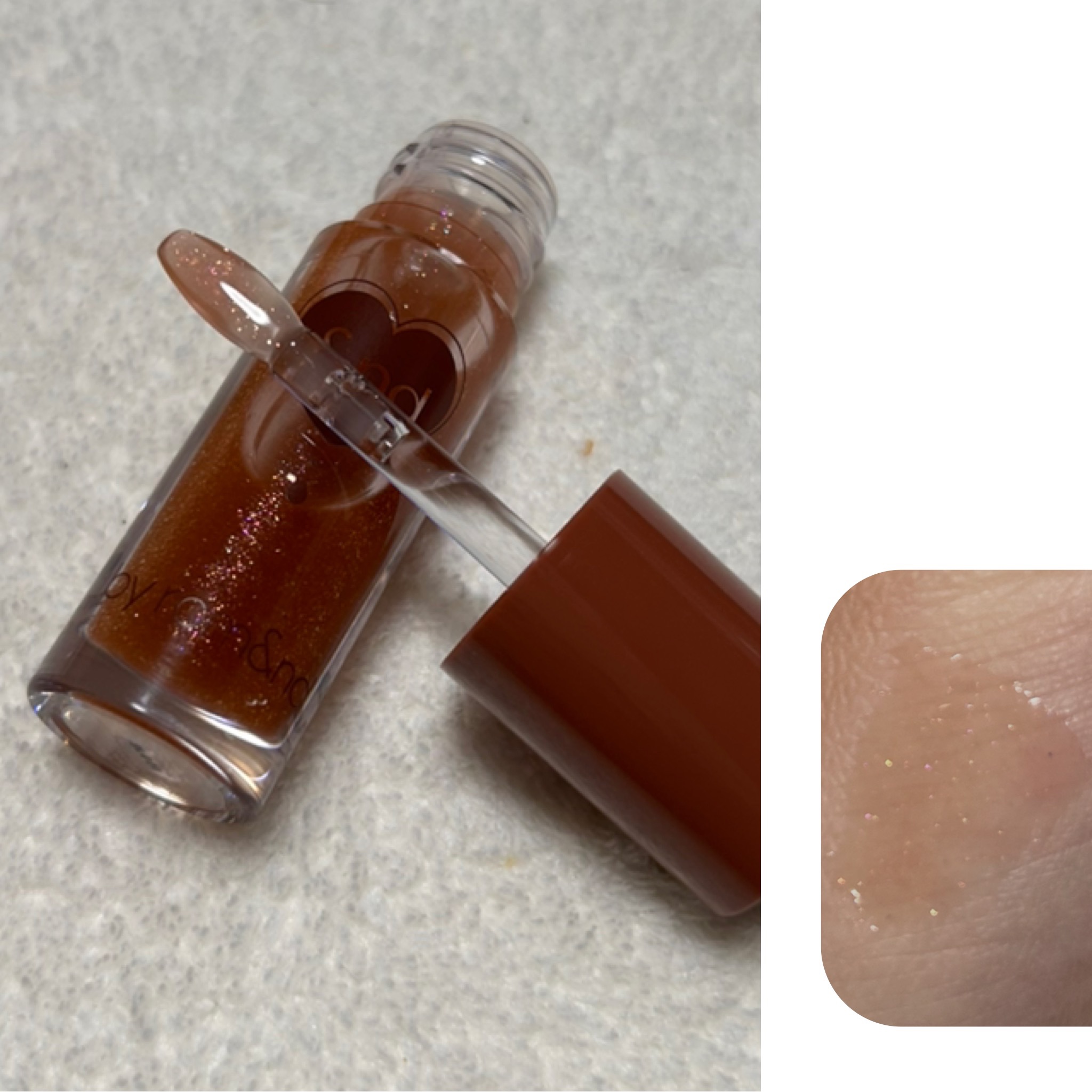 グラッシーコーティンググロス VD02 ココキャラメル/&nd by rom&nd/リップグロスを使ったクチコミ（2枚目）