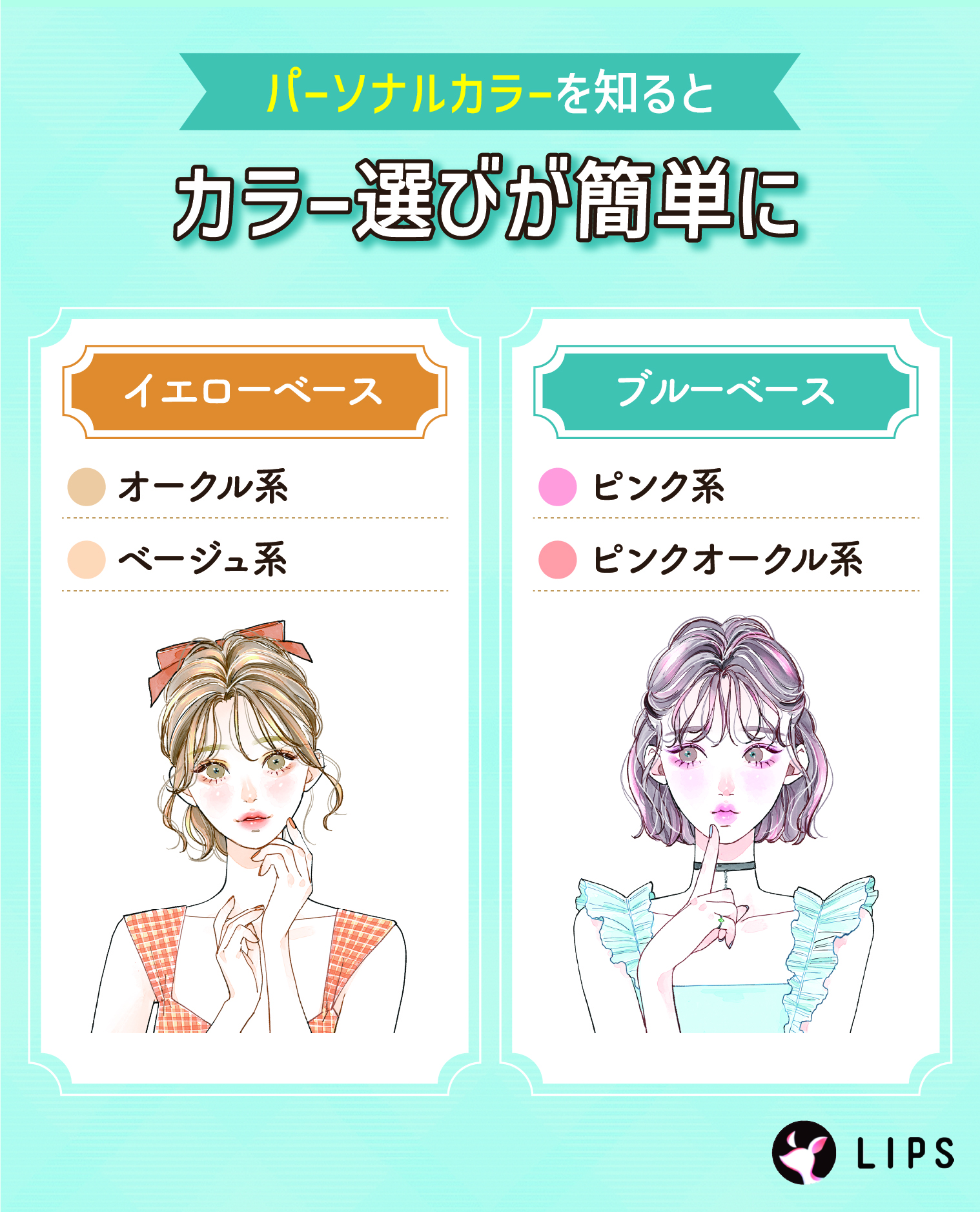 パーソナルkラーを知るとカラー選びが簡単に。イエローベースはオークル系・ベージュ系、ブルーベースはピンク系・ピンクオークル系がおすすめ。