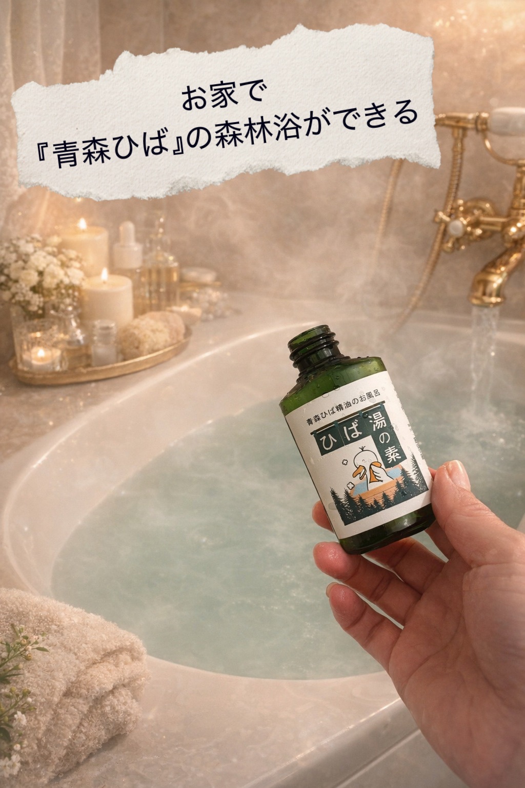 「【極上のバスタイム】まるでヒノキ風呂！？お家で『青森ひば』の森林浴ができる、魔法の入浴剤が凄すぎた…🌿✨」
「ベタつかない、濁り湯。青森ひばの杜『ひば湯の素』で、1日の疲れをリセットする最高の癒やし習慣。🌙」

毎日頑張ってる自分に、