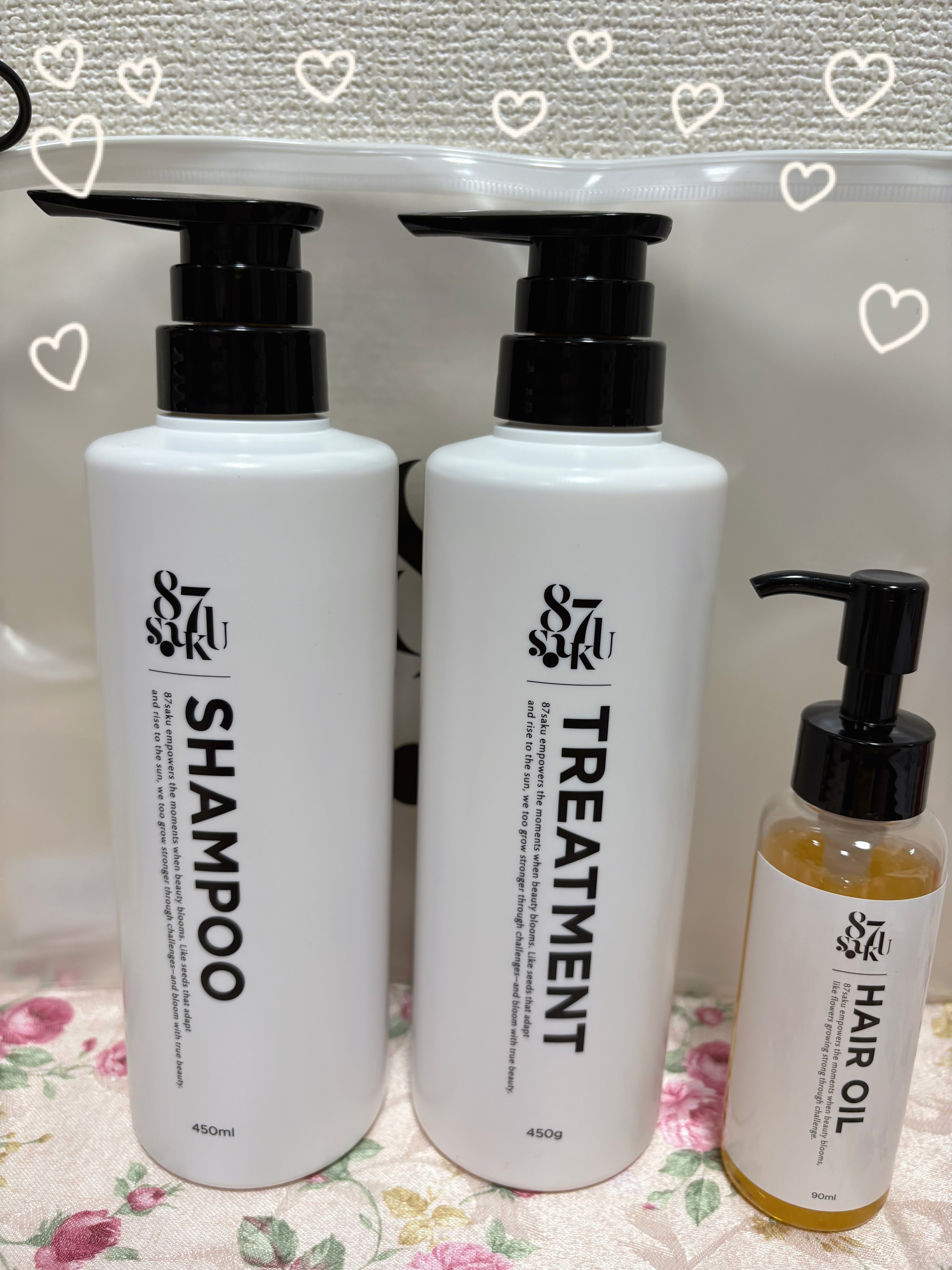 ❁.｡.:*:.｡.✽.｡.:*:.｡.❁.｡.:*:.｡.✽.｡.:*:.｡.❁.｡.

＠87saku_official 様から、
シャンプー
トリートメント
ヘアオイル
が発売されたと知り、お試しさせて頂きました🫧
❁.｡.:*:.