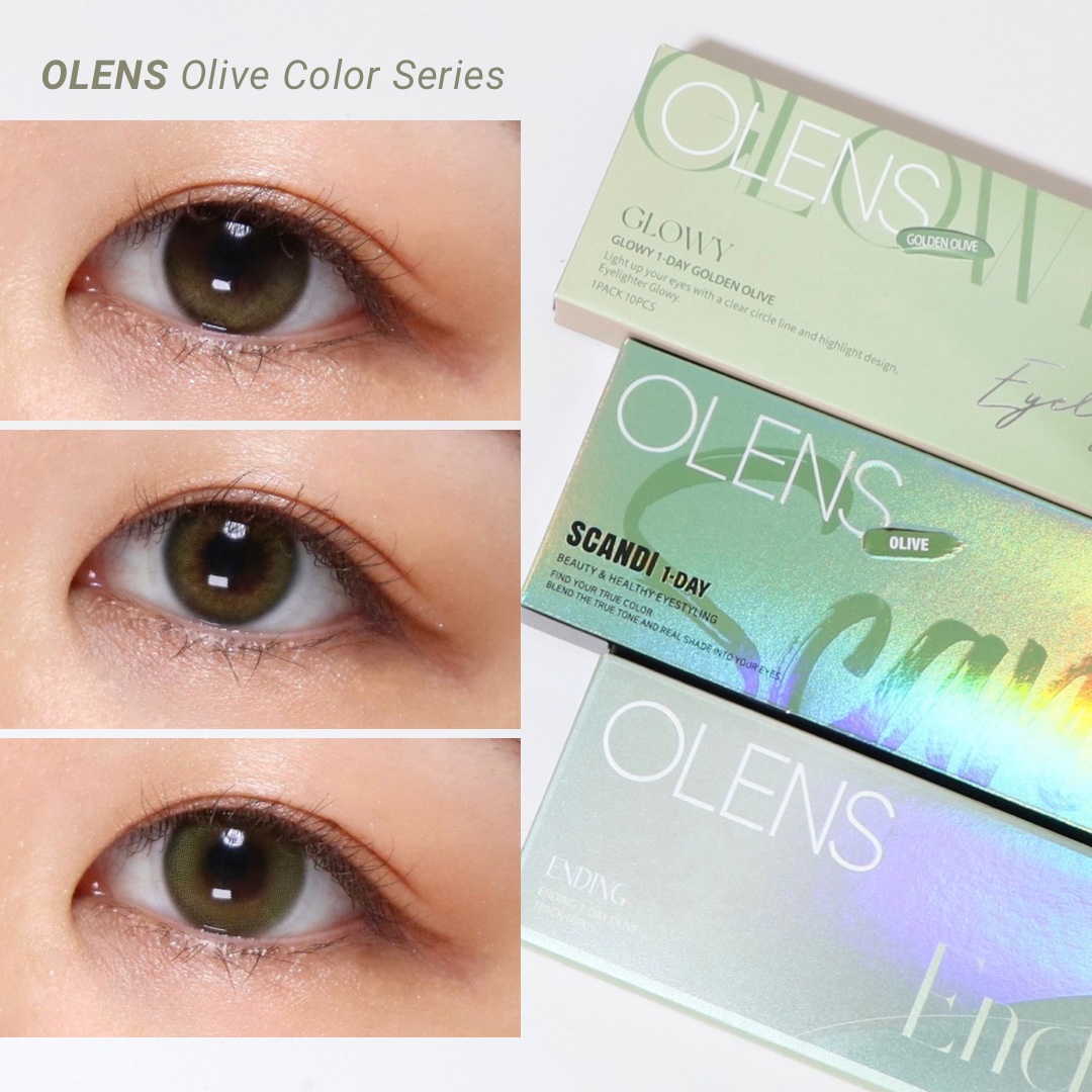 ナチュラルからしっかり盛りまで！オリーブのニュアンスを楽しむカラコン3種をご紹介🌟

☑︎Glowy 1Day Golden Olive

付けるだけで立体感が生まれる水光カラコン。
オリーブのハイライターカラーが際立って、発色強めだから