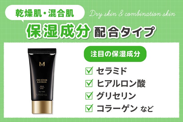 乾燥肌・混合肌には保湿成分配合タイプがおすすめ。注目の保湿成分はセラミド・ヒアルロン酸・グリセリン・コラーゲンなどです。
