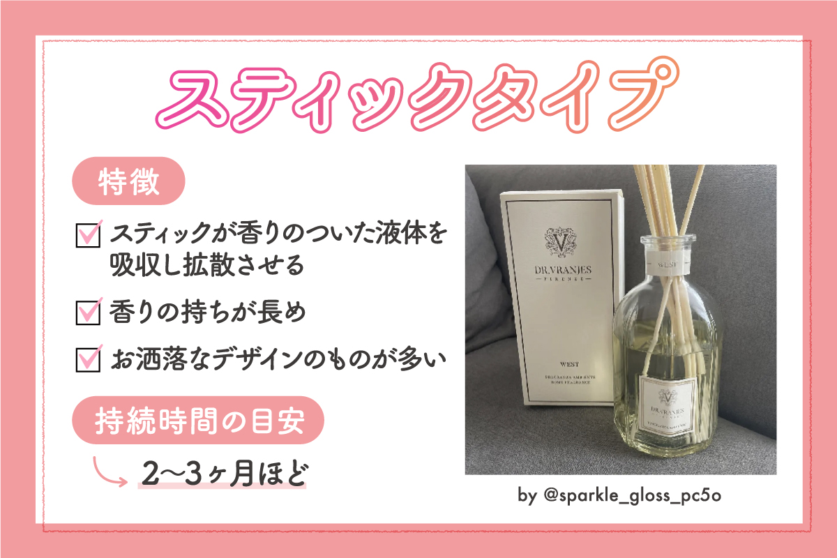 スティックタイプの特徴はスティックが香りのついた液体を吸収し拡散させる。香りの持ちが長めでお洒落なデザインのものが多い。持続時間の目安は2～3ヶ月ほど。