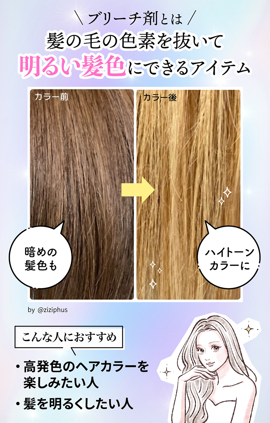 ブリーチ剤とは髪の毛の色素を抜いて明るい髪色にできるアイテム。高発色のヘアカラーを楽しみたい人、髪を明るくしたい人におすすめ。